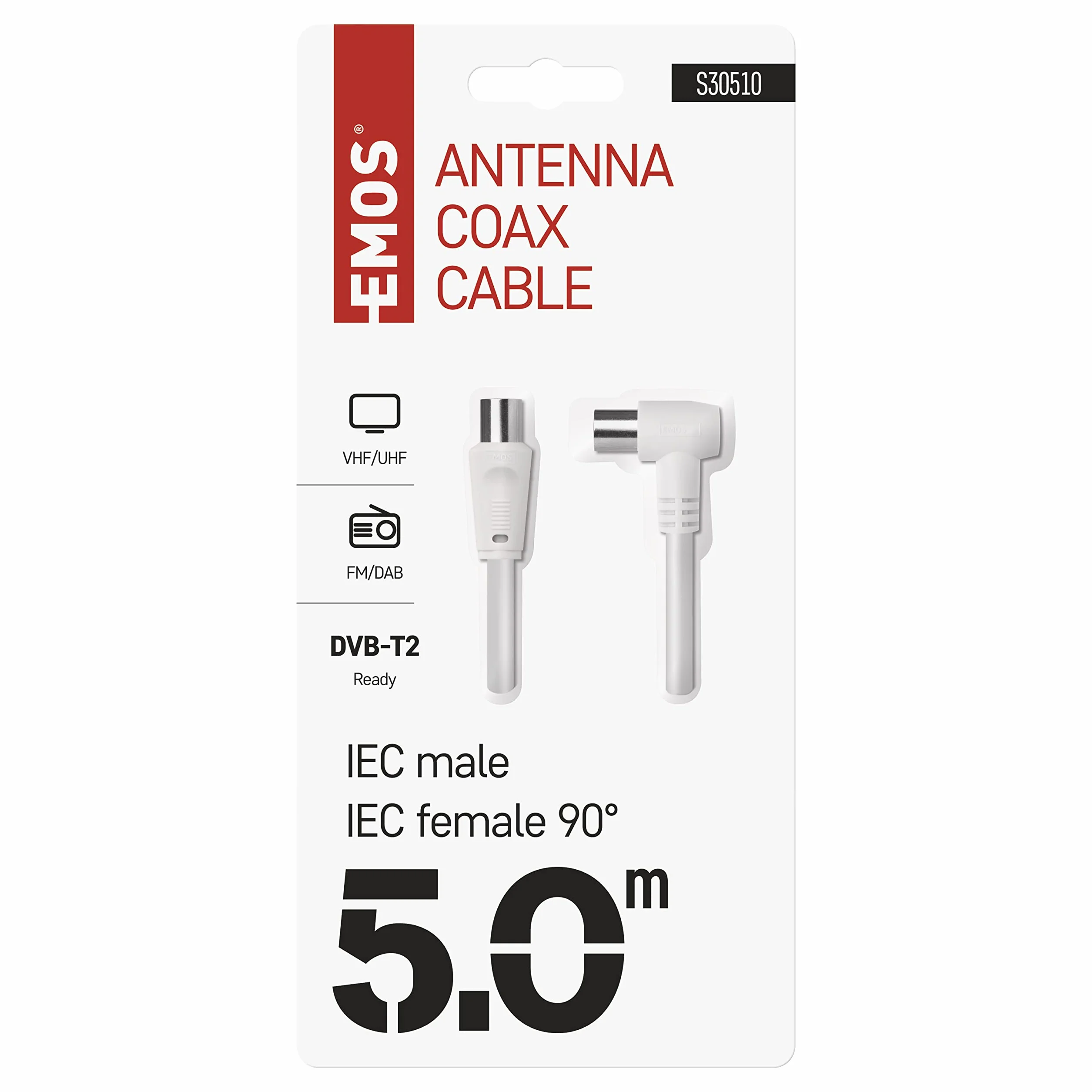 EMOS Câble d'antenne, câble coaxial, câble TV, 5 m, câble coaxial pour TV numérique, récepteur, SAT, double blindage, coaxial, droit mâle vers femelle coaxiale coudée (90 °)