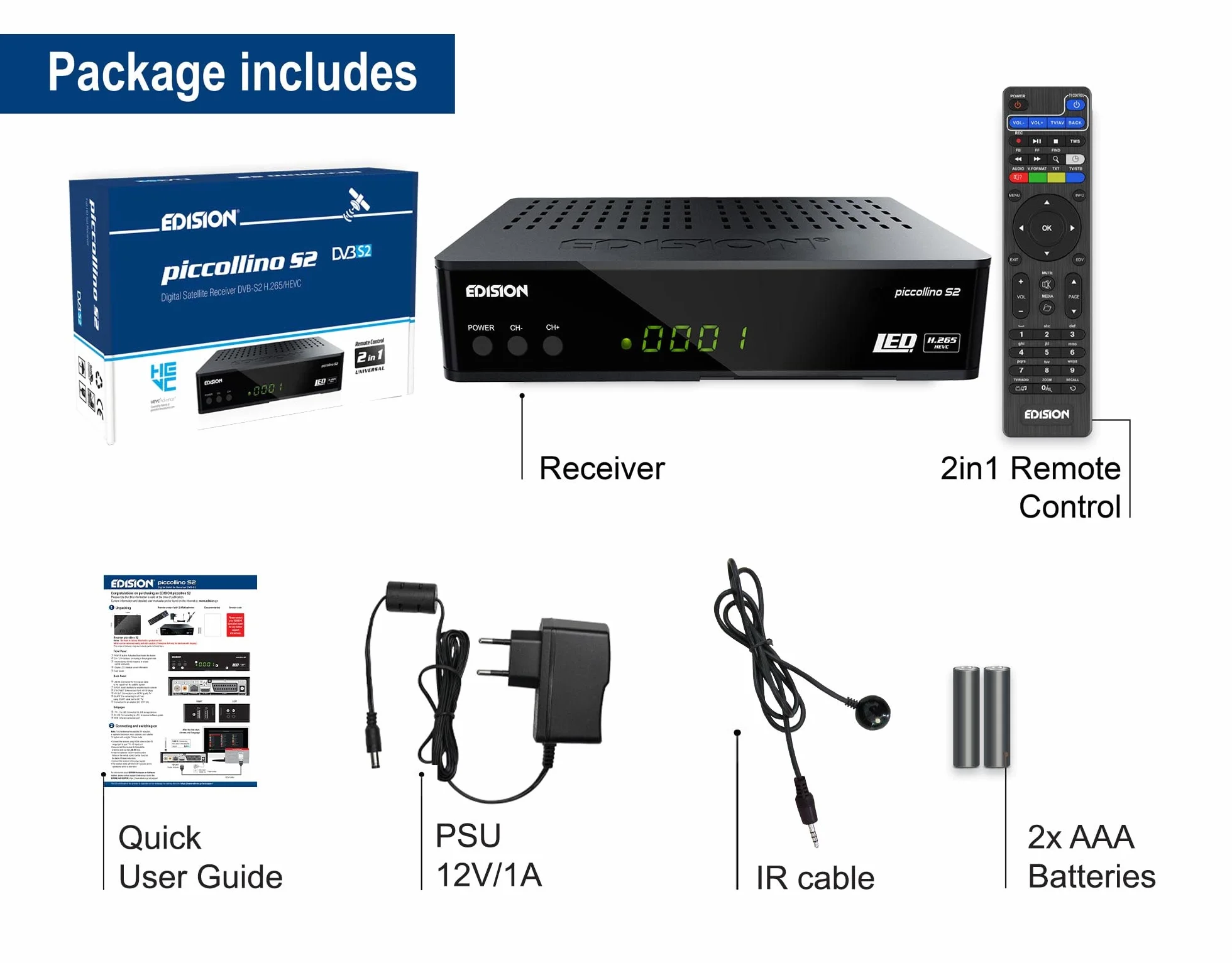 EDISION PICCOLLINO S2, récepteur Full HD, pour DVB-S2 H265 HEVC, 2in1 IR Remote control