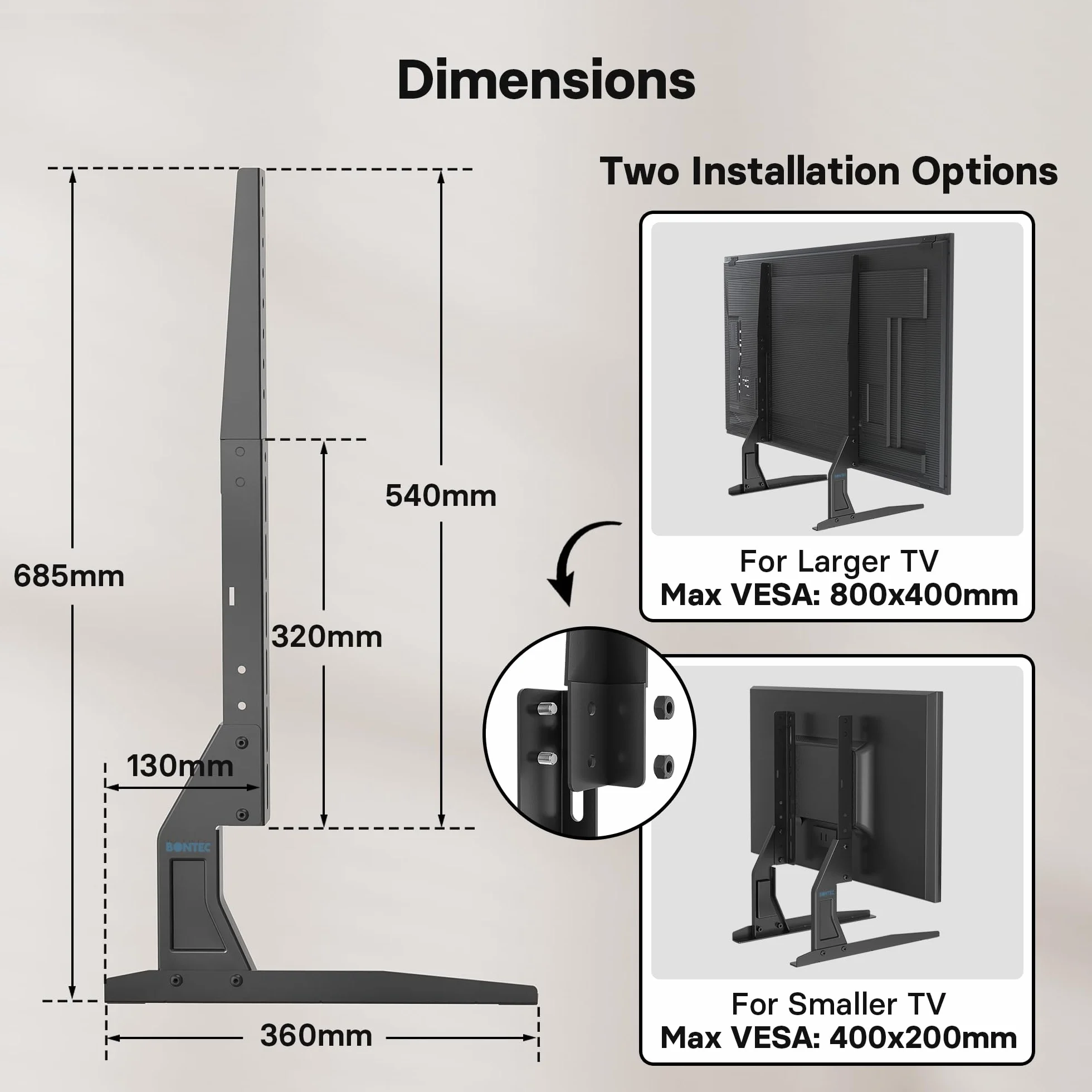 BONTEC Support TV sur Pied pour Téléviseurs 22-65 Pouces, Pied TV Universel avec Hauteur Ajustable, Capacité de Charge 50kg, Design Stable et Durable, Max. VESA 800x400mm