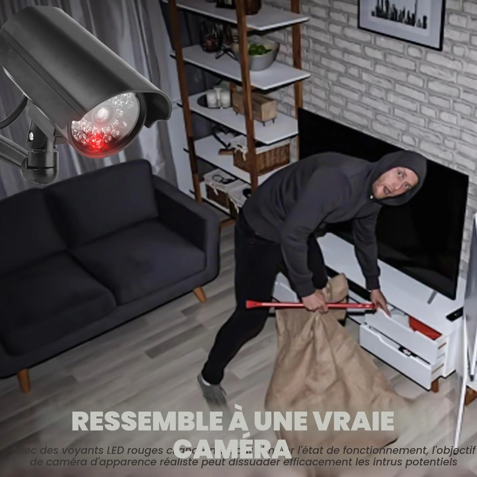 GOMETY Lot de 2 caméras factices extérieures, fausse caméra de sécurité avec LED rouge clignotante, caméra CCTV factice de sécurité pour intérieur et extérieur