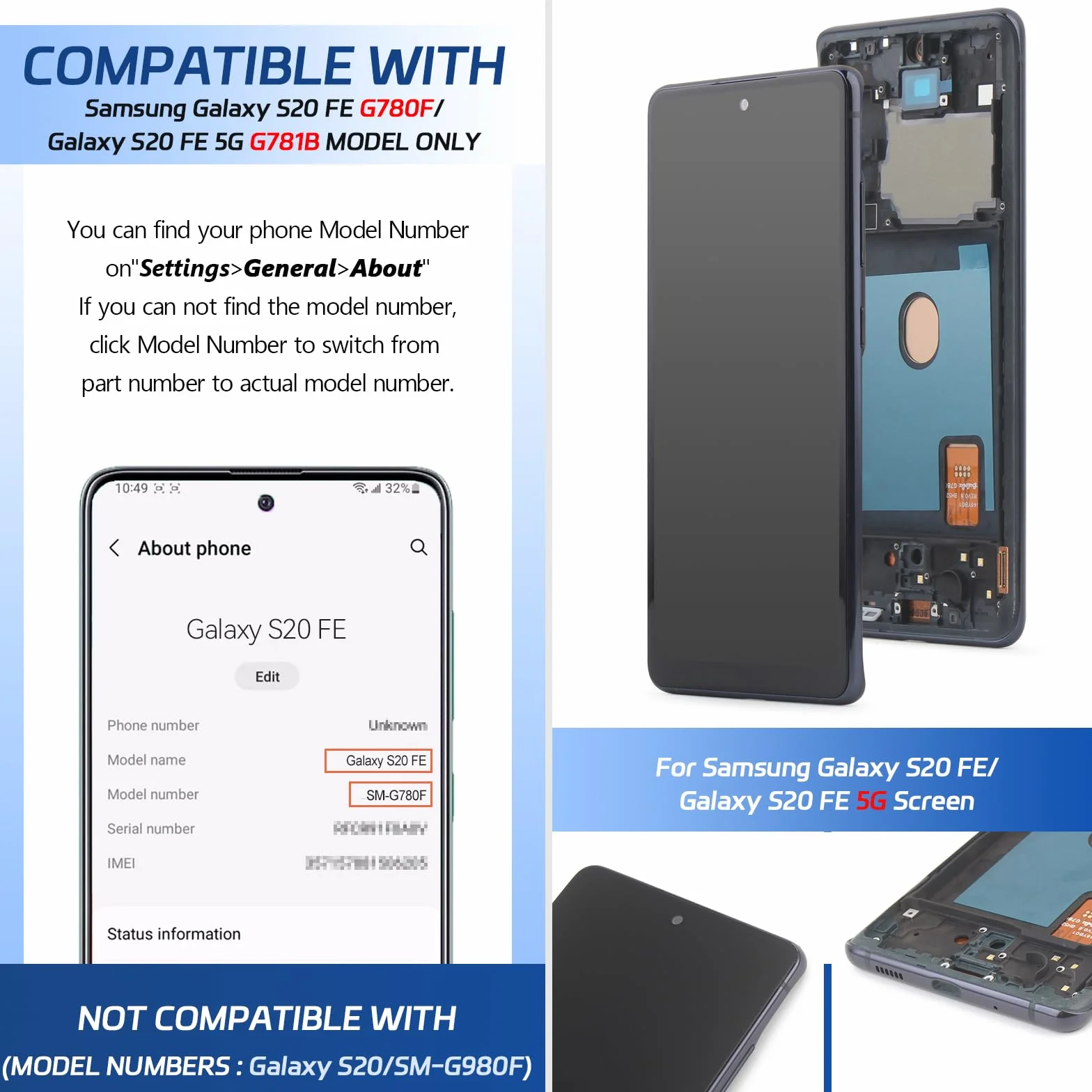 Écran pour Samsung Galaxy S20 FE 4G/5G Ecran Tactile LCD Remplacement pour Samsung S20 FE 5G Ecran Complet Assemblé Digitizer avec Outils de Réparation（Noir avec Cadre