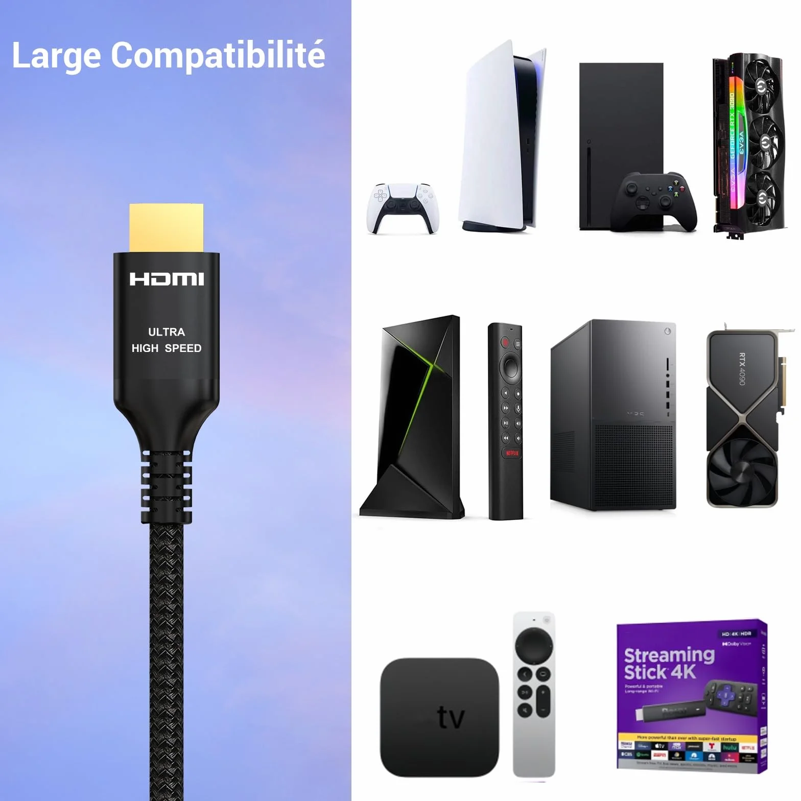Etseinri Câble HDMI 2.1 2M, Certifié 48Gbps Ultra Haute Vitesse 4K 240Hz 8K 60Hz HDCP 2.3 eARC HDR10+ Dolby Vision pour PC Moniteurs Gaming HDTV