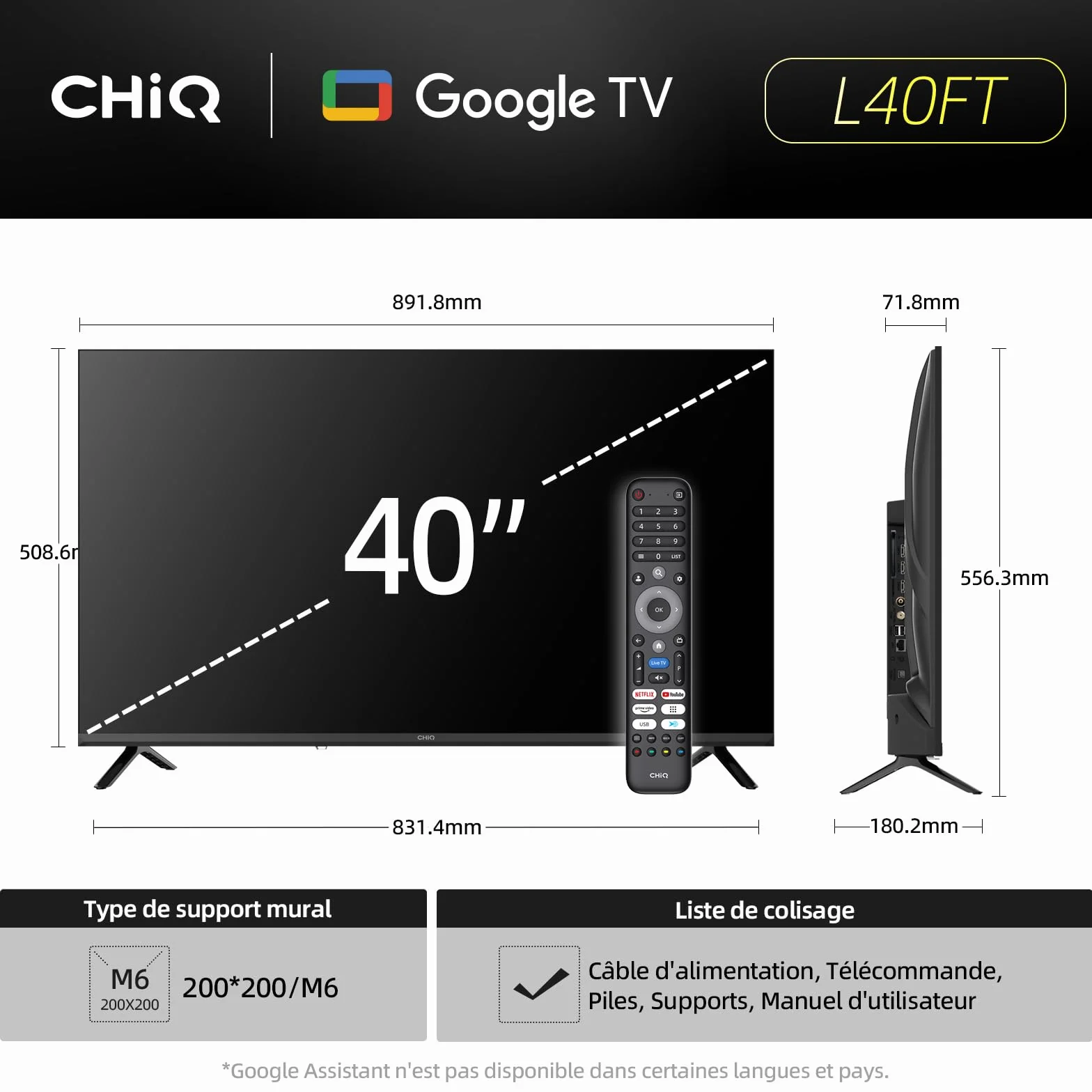 CHIQ L40FT Smart TV 40" (100 cm), Full HD, HDR10, Google TV OS, Audio Dolby & DBX-TV, Tuner Triple DVB-C/T/T2/S/S2, Chromecast Intégré, Design Métal sans Cadre