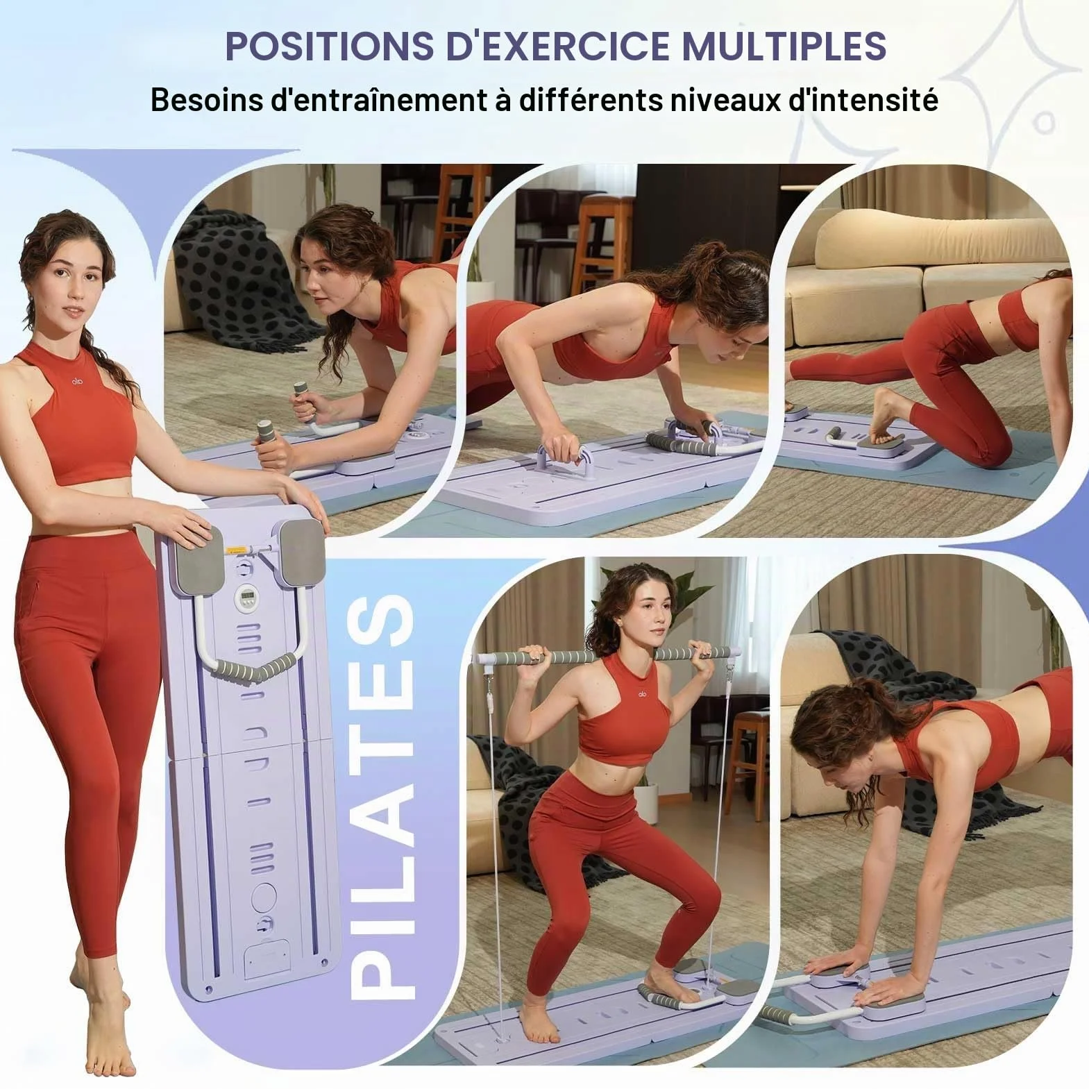 Kit Mini Reformer Pilates avec Barre et Bandes de Résistance, Planche Multifonctionnelle pour Maison