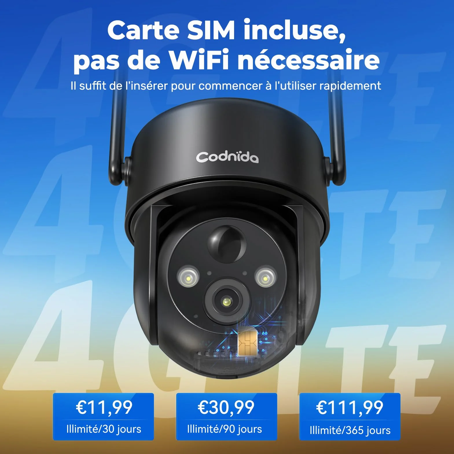 Codnida 4G LTE Caméra de Surveillance Extérieure sans Fil Solaire avec Carte SIM,9000mAh Batterie,2K HD,Vision Nocturne Couleur,Audio Bidirectionnel,IP66