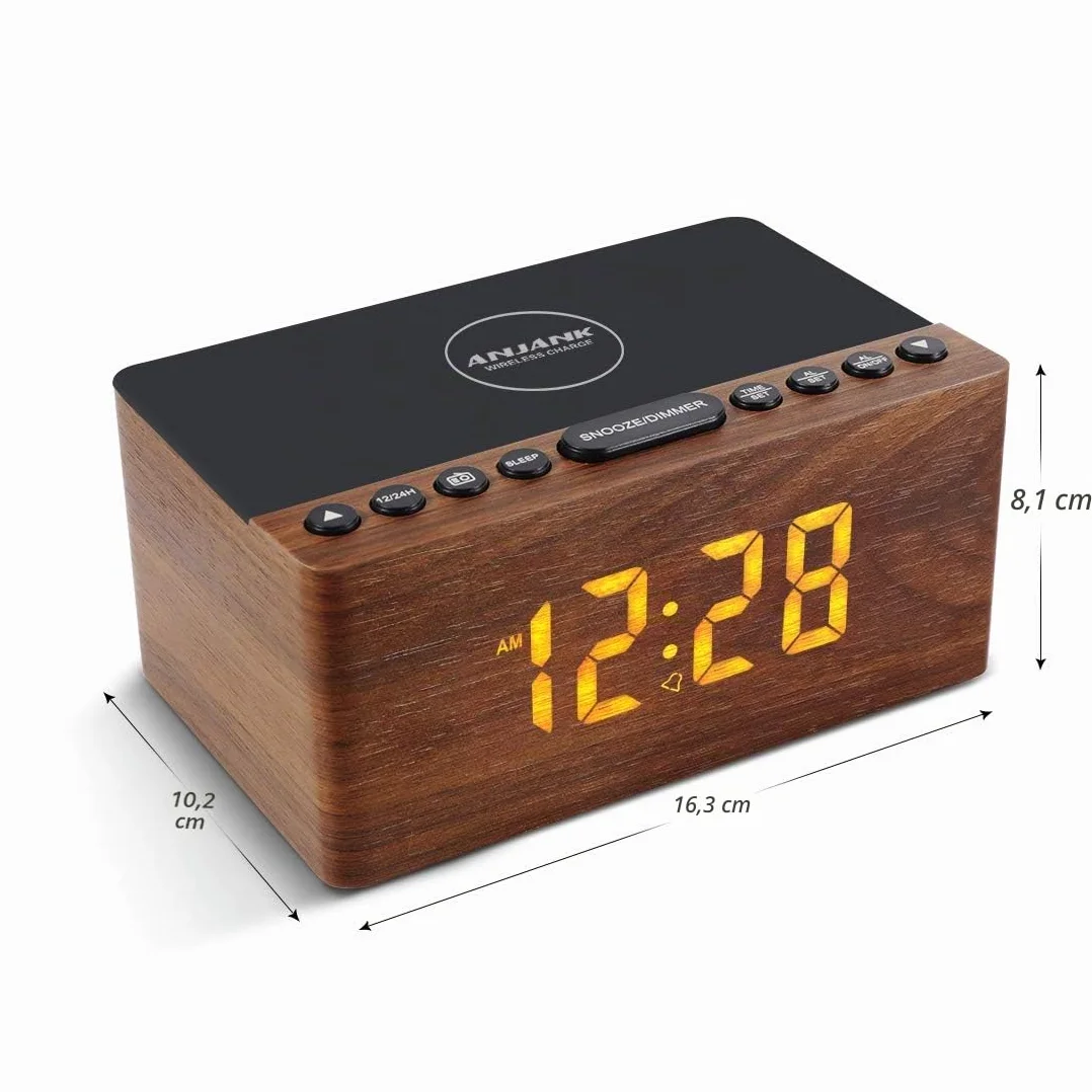 Radio Réveil Numérique en Bois avec Radio FM,Station de Charge sans fil Rapide Pour iPhone/Samsung Galaxy,Alarm Clock et Affichage LED,Variateur à 5 Niveaux,Port USB,Minuterie de Sommeil, Marron