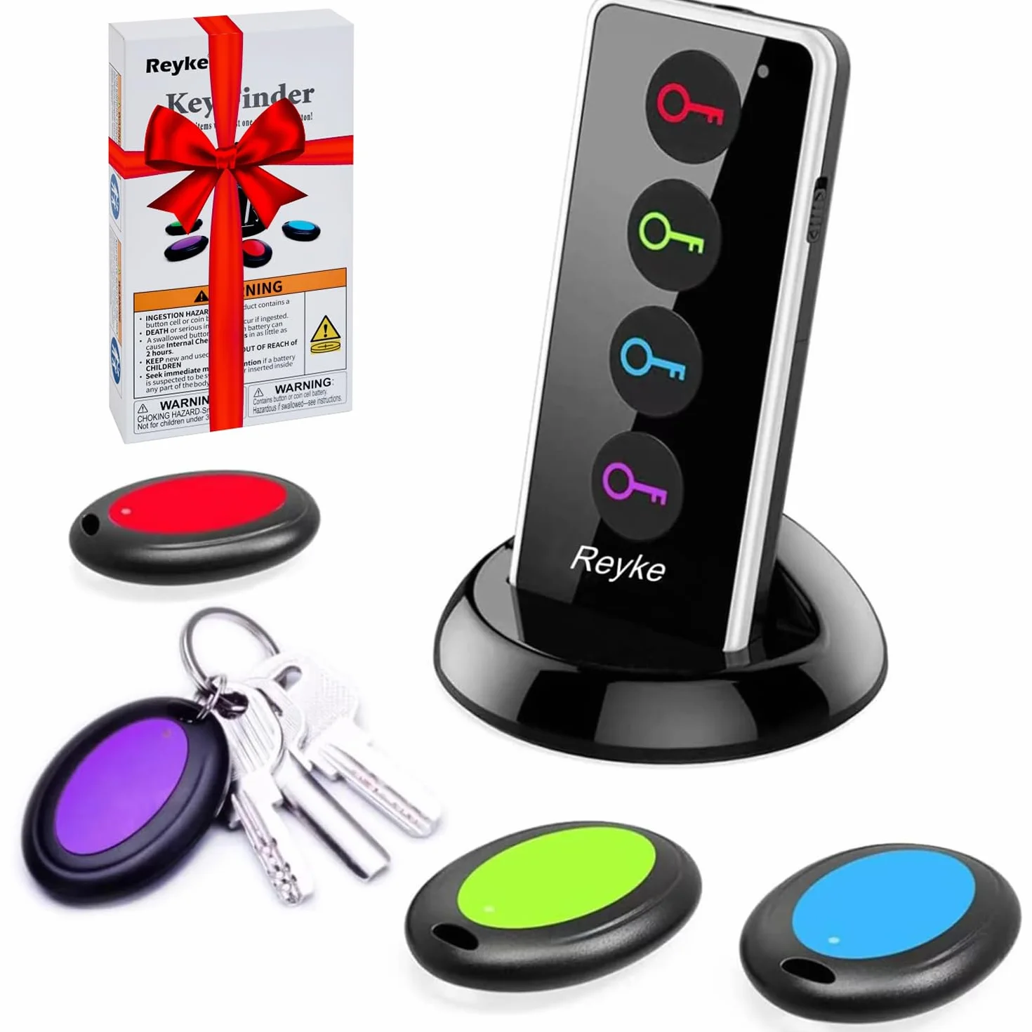 Reyke Localisateur de clés, 80 DB sans Fil RF avec portée de Travail de 39,6 m, télécommande avec Lampe de Poche LED, Support de Base pour clés, Portefeuille, téléphone et Animal Domestique