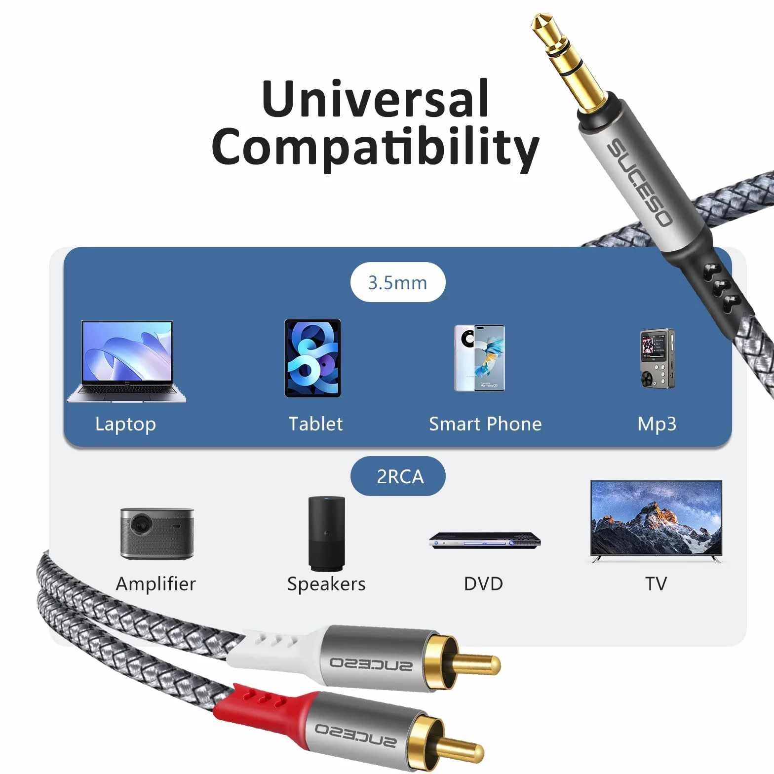 Câble Jack 3.5mm vers 2 RCA Mâles Adaptateur RCA Stéréo Câble Cinch Nylon Compatible avec Téléphone iPod Amplificateur Chaîne HiFi Home Cinéma TV DVD Autoradio Enceinte Barre de Son -3M