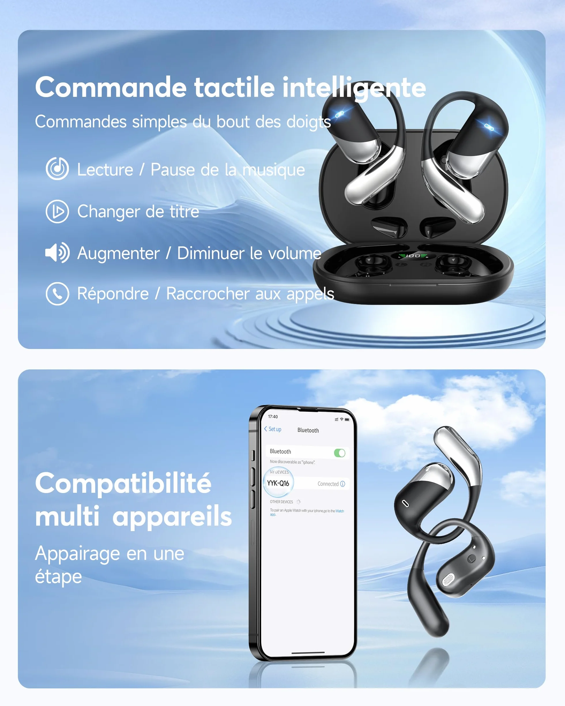 Paekole Casque à Conduction osseuse,écouteurs Bluetooth V6.1 sans Fil avec Micro,autonomie 80 h,écouteurs étanches IP7, Casque Sport avec Crochet d’Oreille pour Fitness/Musique/Appel