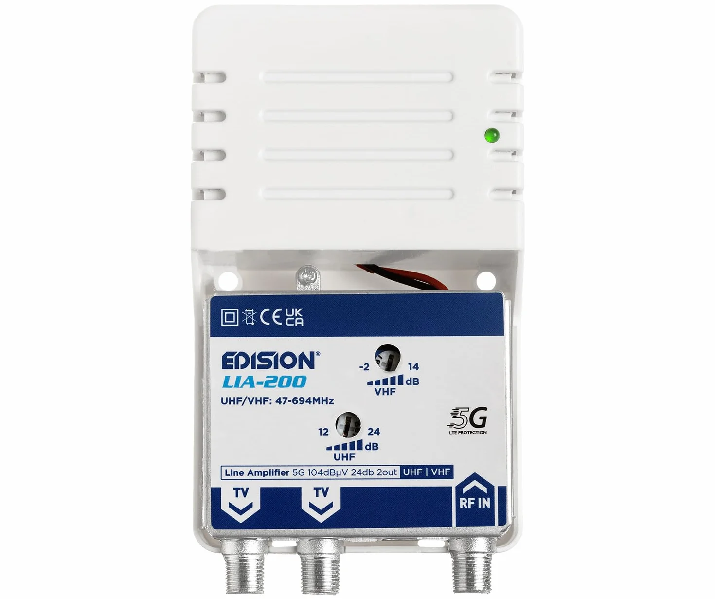 EDISION LIA-200 Amplificateur Antenne TV TNT intérieur UHF/VHF 12-24dB Réglable 104dBmV DVB-T/T2 Filtre 5G LTE 1 entrée 2 Sorties