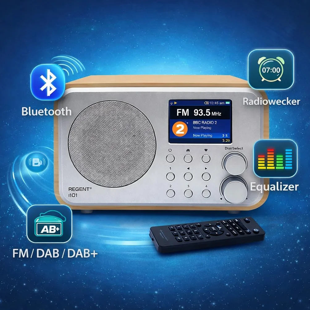 Ferguson Regent i101 Radio Internet Wi-Fi avec Bluetooth FM/DAB/DAB+ Radio FM, radio-réveil, égaliseur, écran couleur, USB, AUX IN, Line Out, UPnP, Sleep Timer, contrôle par application, télécommande
