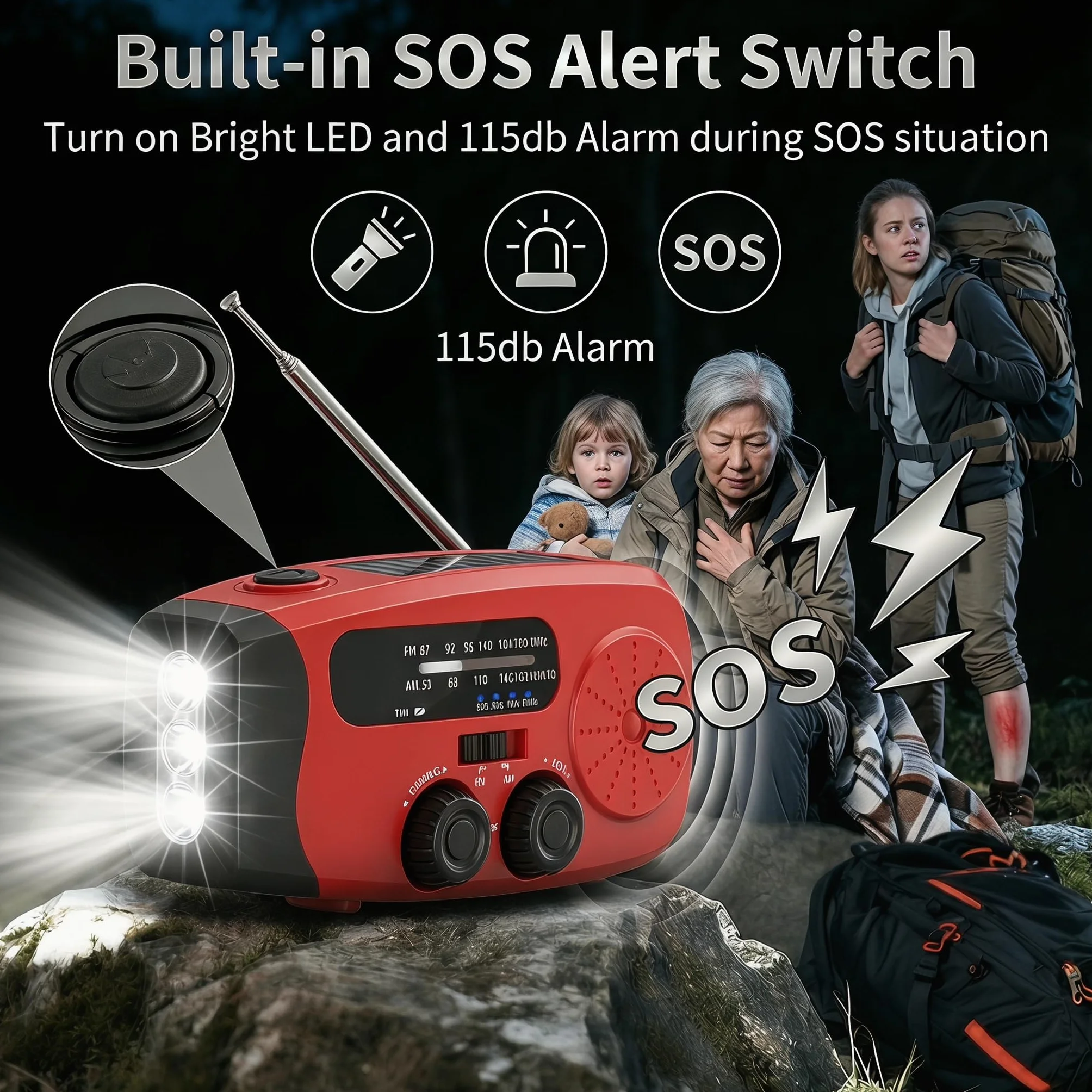 Notfunk Radio Portable d'urgence à Manivelle, 3 Lampes LED, Alarme SOS, Power Bank 2000mAh, Camping en Plein Air, Prévention d'urgence à la Maison, Rouge