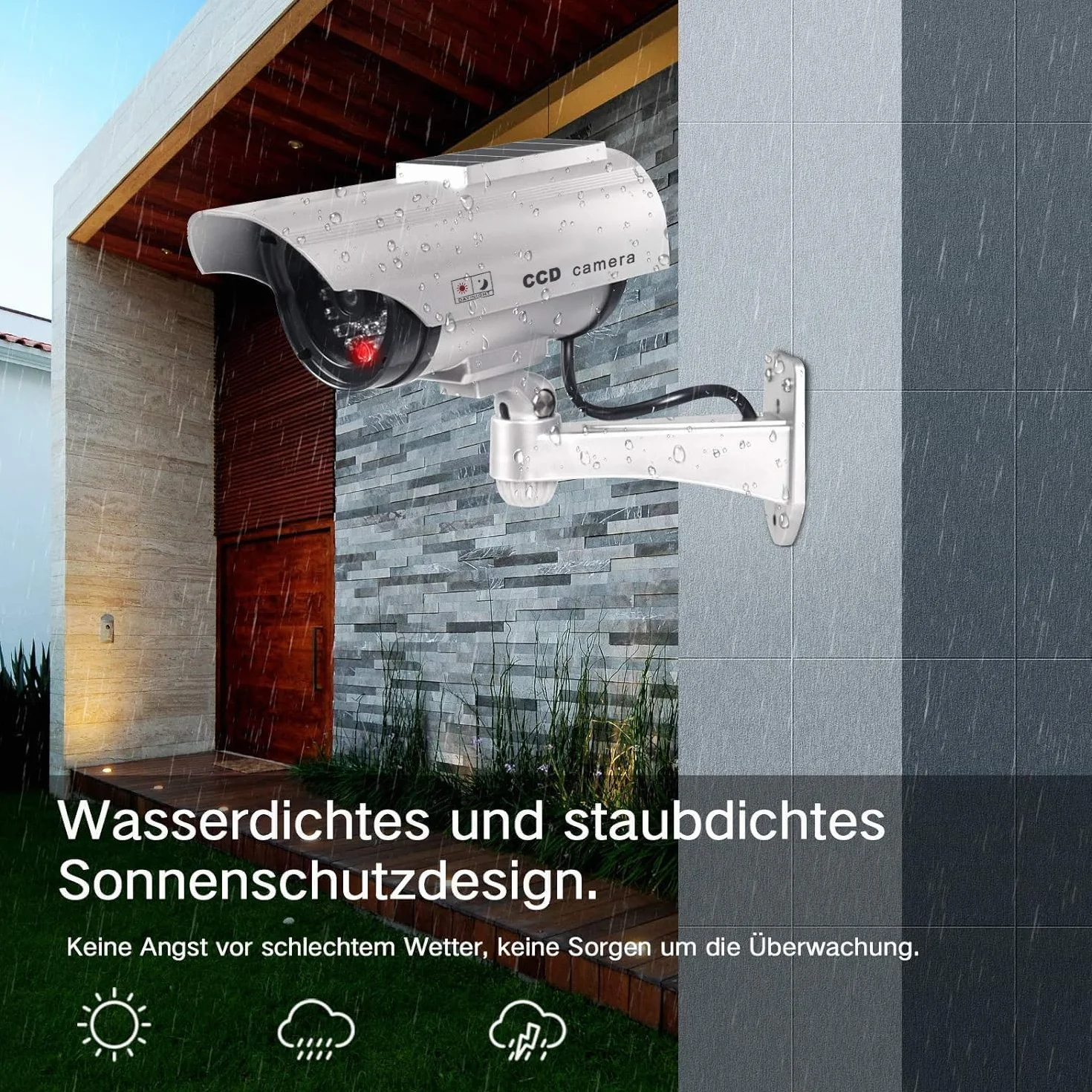 ERWEY 2 pièces Caméra Solaire LED Flash caméra virtuelle, caméra de sécurité Solaire CCTV analogique Surveillance virtuelle caméra de sécurité, Argent