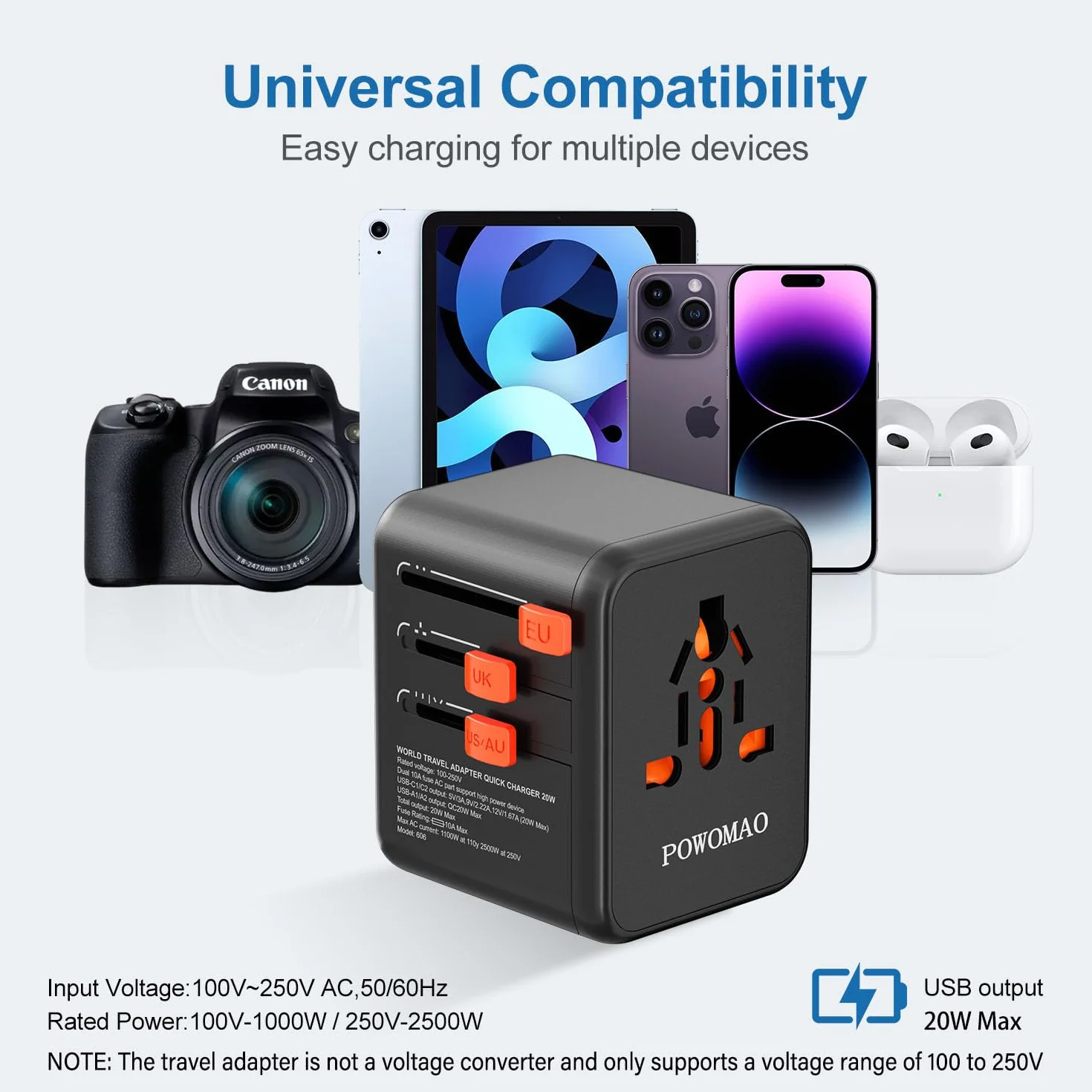 Adaptateur Prise Universelle,Adaptateur Universel de Voyage avec 2 USB C et 2 USB A et 1 Prise Secteur Universelle,Adaptateur de Prise International pour Europe USA UK Australie Chine Japon Thaïlande