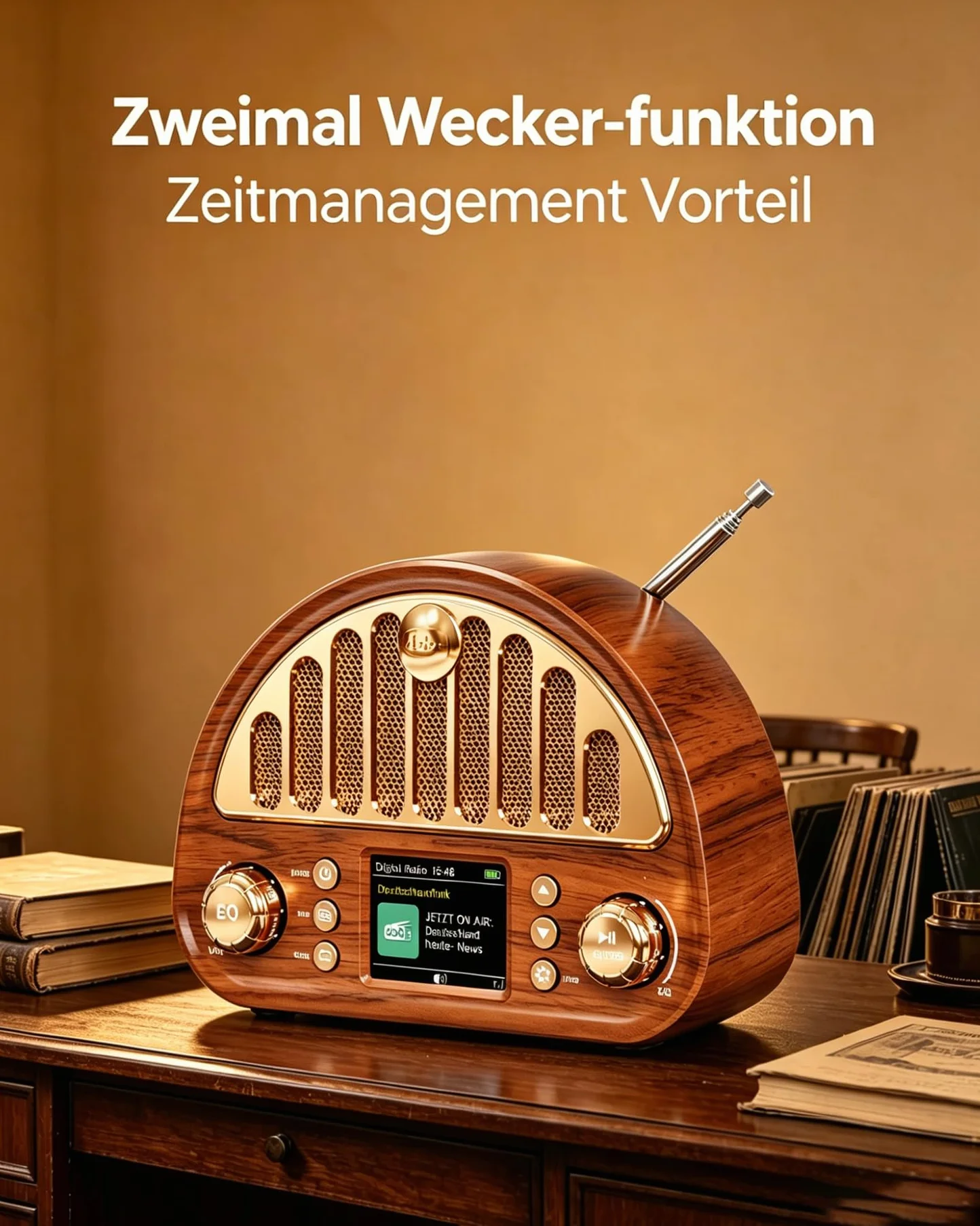 Radio Vintage DAB+/FM Bluetooth Portable, Poste Radio Numérique avec Batterie Rechargeable 3000 mAh, Double Réveil