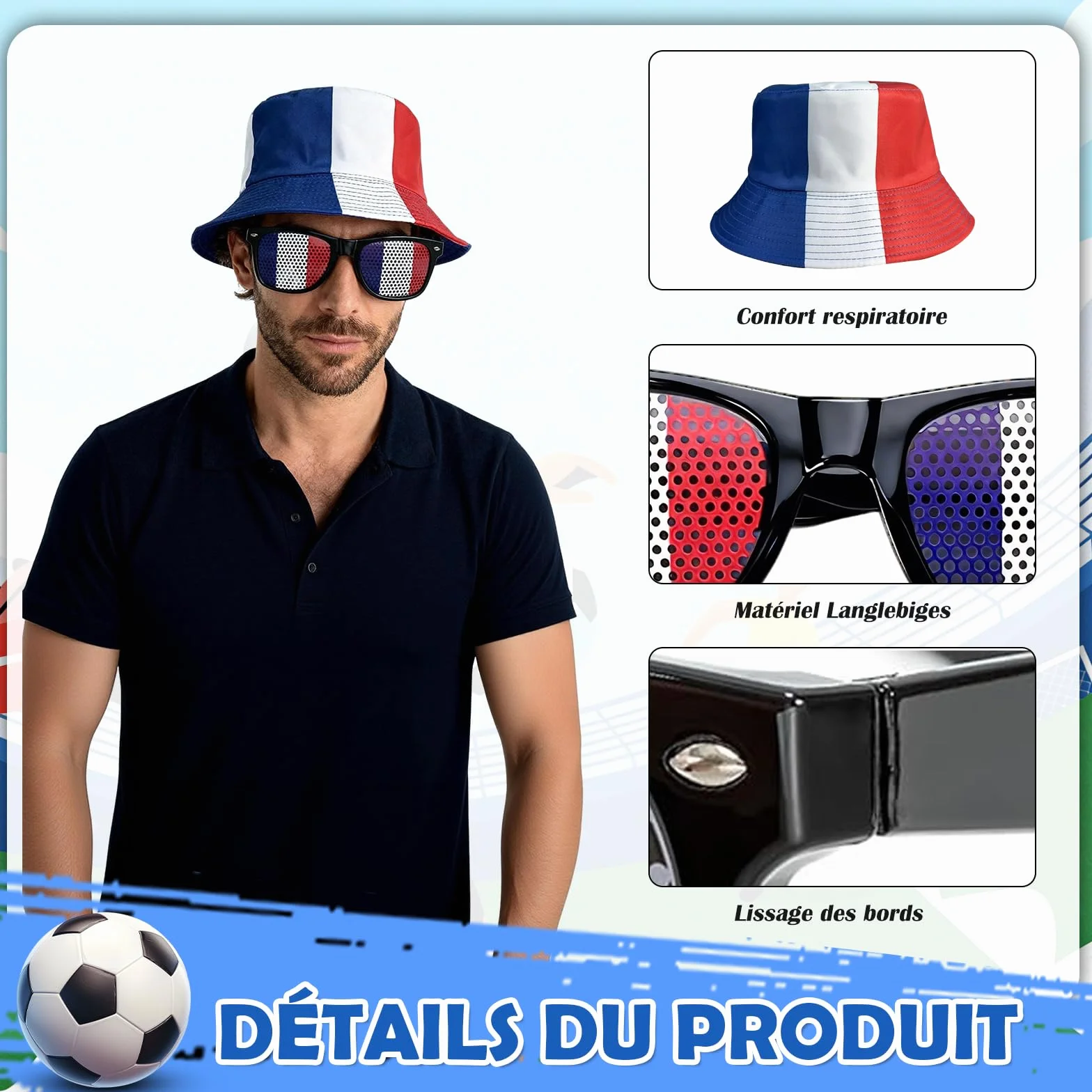 Kit Supporter France 8 Pièces Accessoires Tricolores Chapeau Lunettes Drapeaux Bracelet Autocollants Bleu Blanc Rouge Maillot Equipe De France Foot 2026
