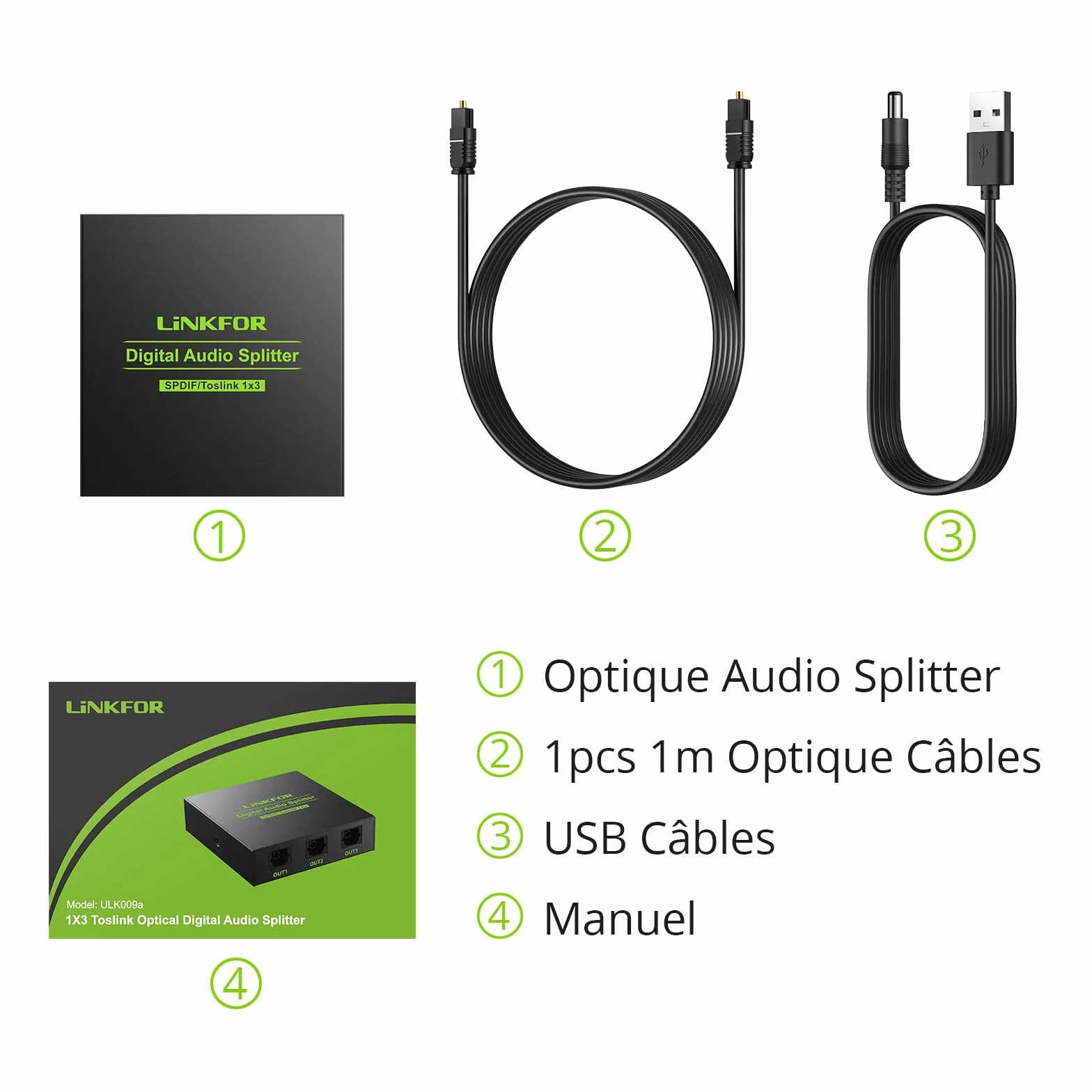 LiNKFOR Répartiteur audio optique 1 x 3 SPDIF Toslink en alliage d'aluminium 1 entrée 3 sorties prend en charge LPCM 2.0 DTS pour Dolby-AC3 Compatible avec PS3 DVD HDTV STB