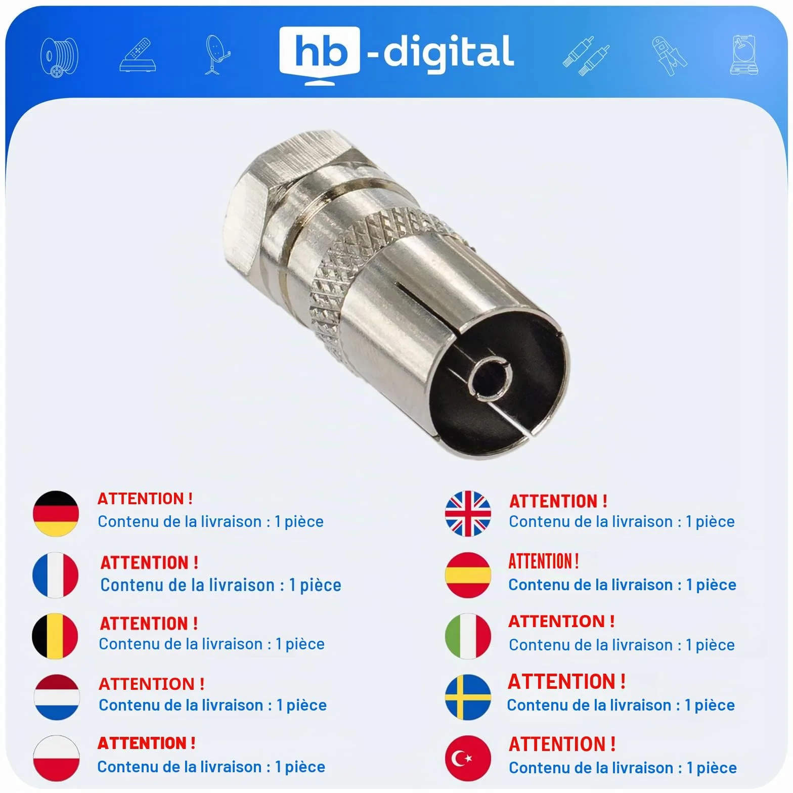 HB-DIGITAL 1x Adaptateur d'antenne satellite : connecteur F (satellite DVB-S/S2 mâle mâle) vers prise IEC (télévision par câble DVB-C, connecteur terrestre DVB-T2 femelle) connecteur TV coaxial