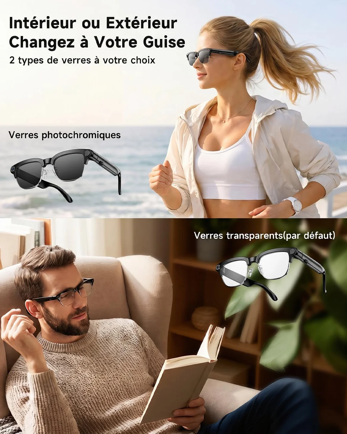 TOOBUR Lunettes connectées AI avec Appareil Photo 8MP, vidéo HD 1080P Anti-Flou, Traduction en Temps réel & Assistant Vocal, appels Bluetooth & Audio à Oreille Ouverte pour vlog, Voyage & réunions