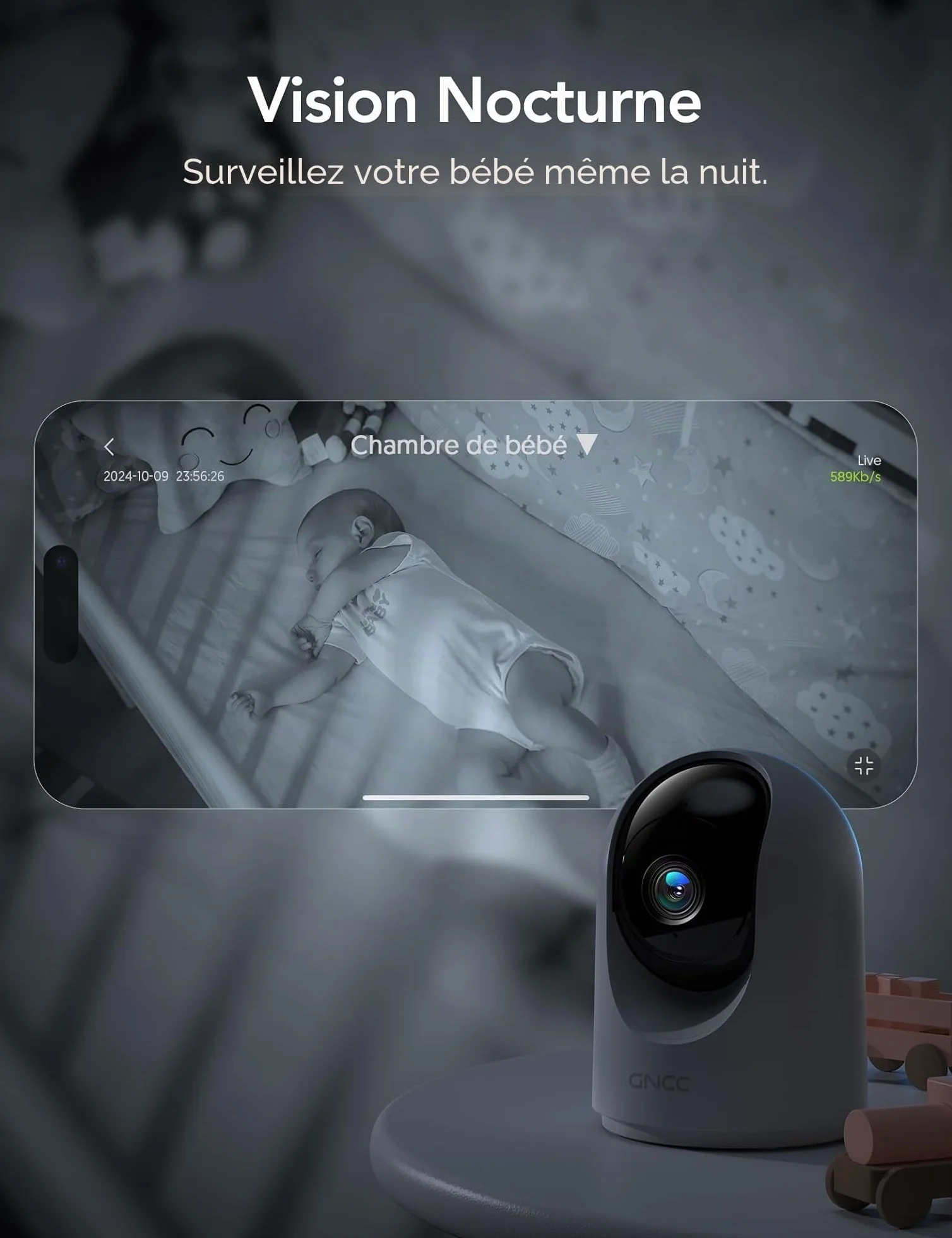 GNCC 2K 3MP Caméra Surveillance WiFi Interieur 360° Caméra Connectée Smartphone pour Bébé/Animaux Détection IA Audio bidirectionnel Alertes APP 2,4GHz Compatible Alexa