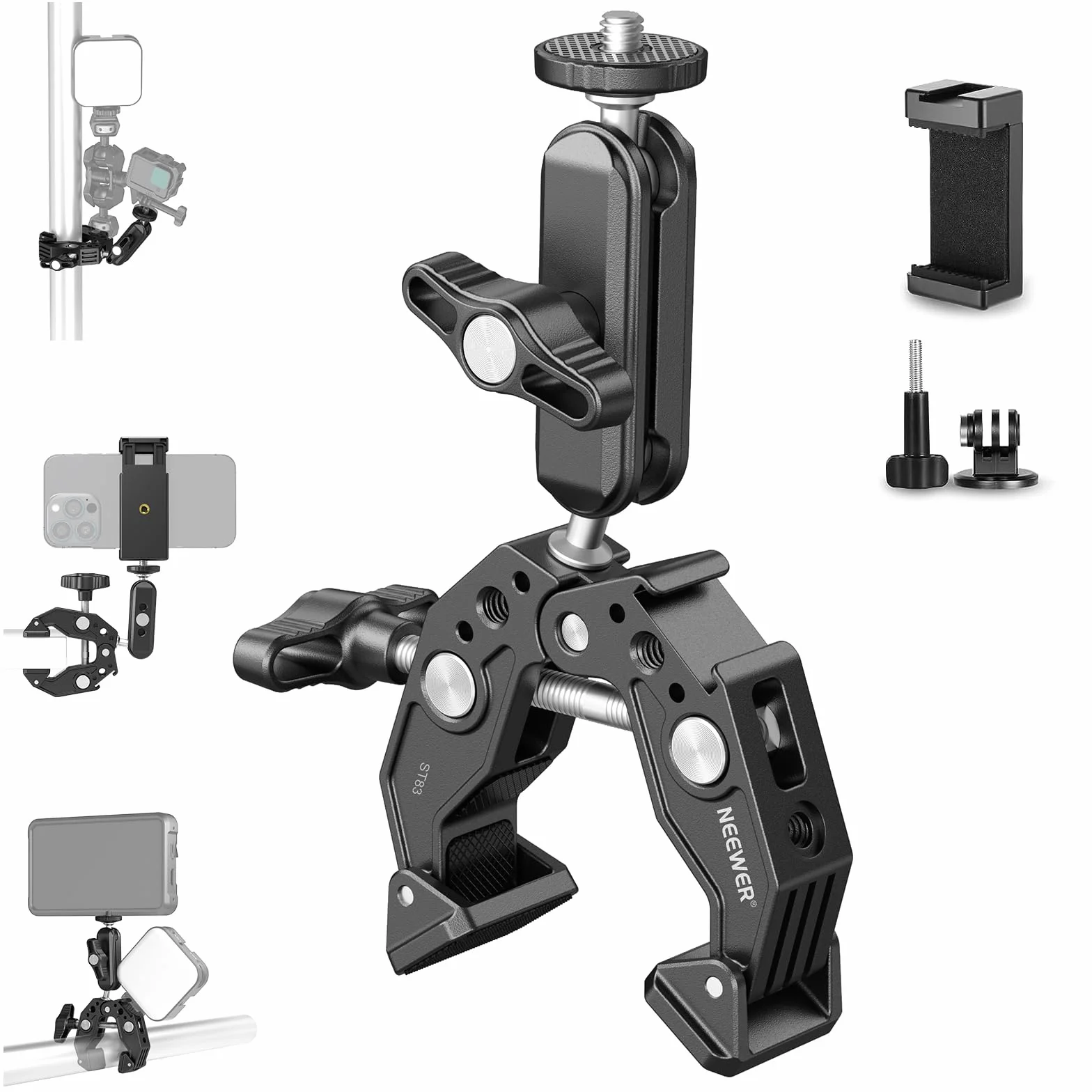 NEEWER Super Pince avec Bras Magique à Double tête sphérique de 7,6cm Griffe Froide Filetage 6,35mm Adaptateur Montage téléphone/action cam pour trépied Bureau Compatible avec SmallRig GoPro DJI, ST83