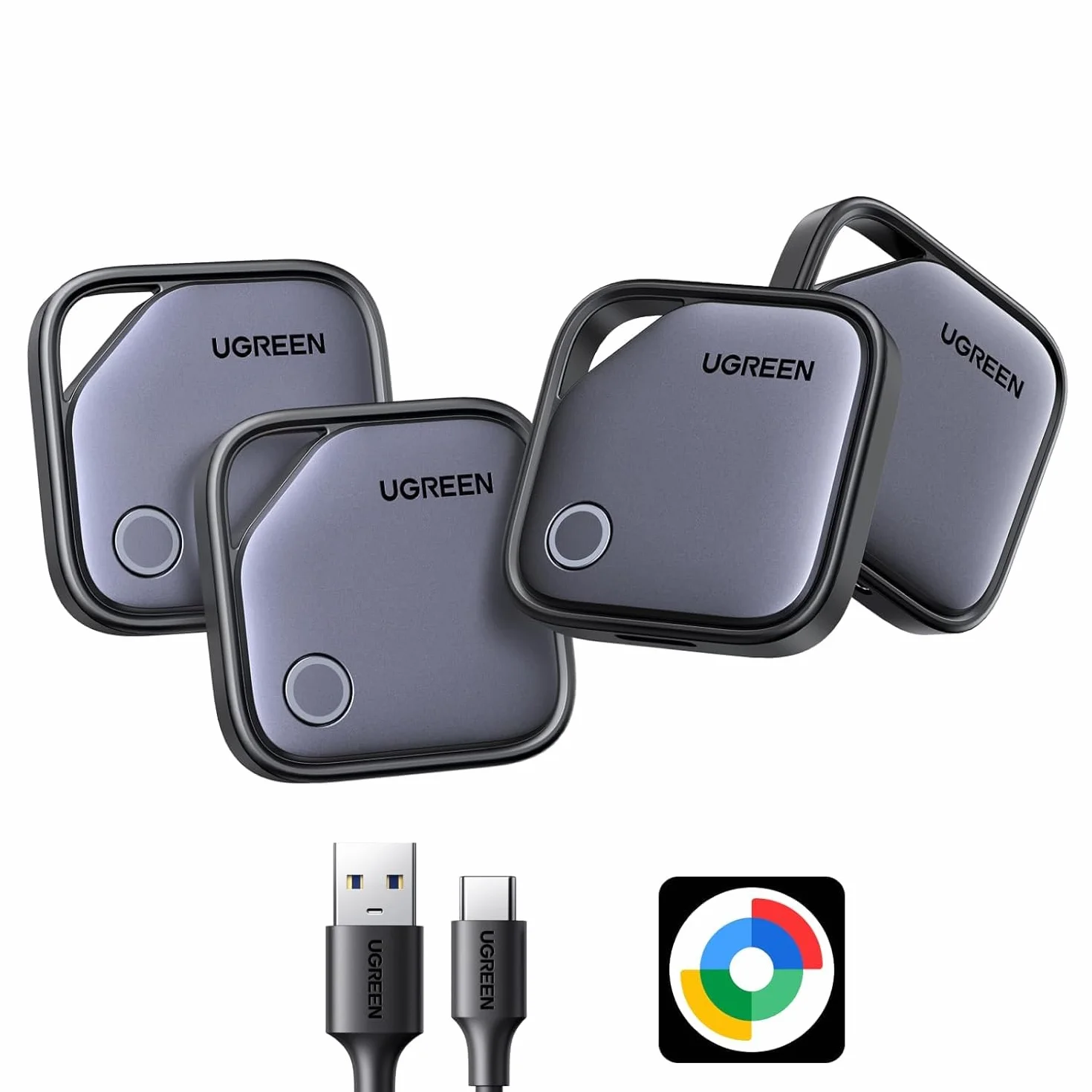 UGREEN FineTrack G Tag Traceur Fonctionne avec Find Hub Android Uniquement Chargement USB C Localisateur Objets Bluetooth pour Clés Valises Portefeuilles Wallet Bagages Sacs avec Câble USB C Lot de 4