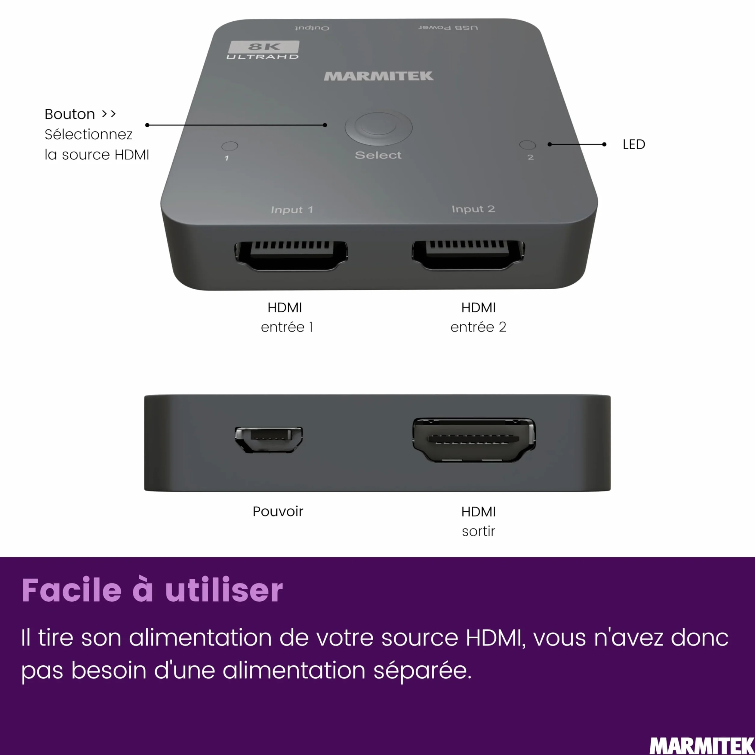 Marmitek Connect 720 - Switch HDMI 8K60-4K120 Gaming - HDMI 2.1 2 entrées 1 Sortie - 48 Gbit/s VRR ALLM QMS QFT - Commutation Automatique - Dolby Vision HDR10+