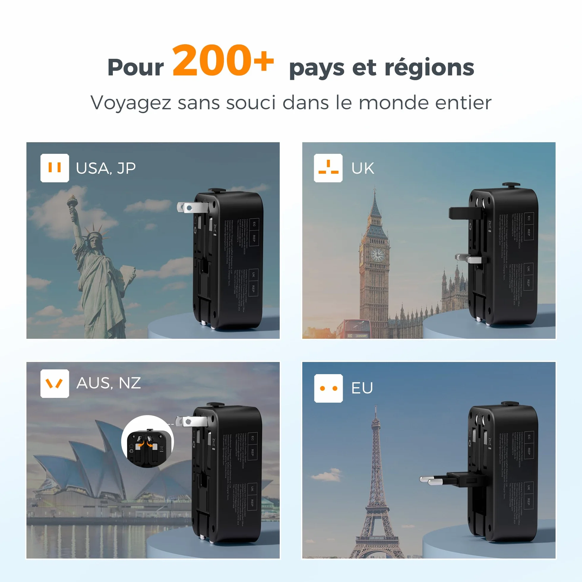 TESSAN Adaptateur Prise Universelle PD 20W, 2 USB C et 1 USB A, Voyage pour France USA Angleterre Australie Japon Chine Thaïlande