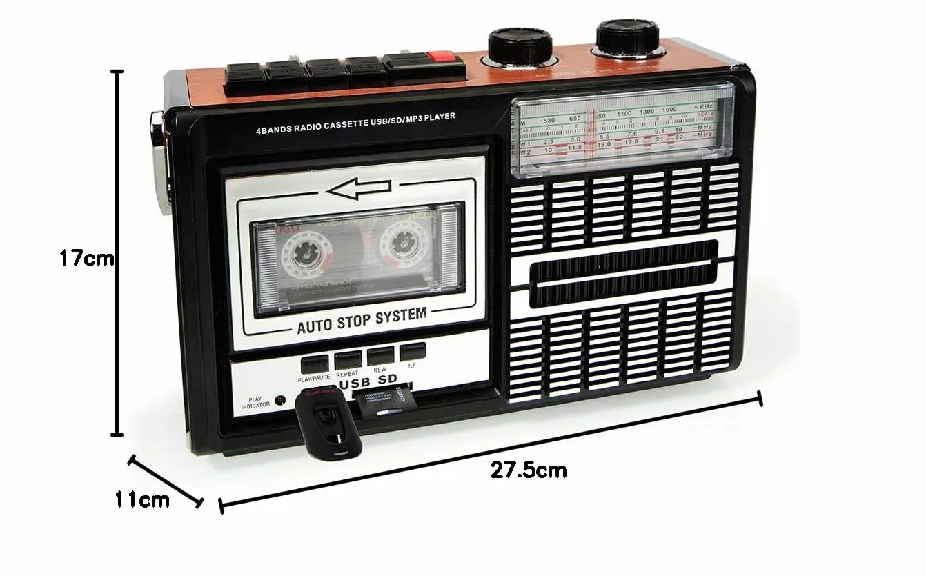 Ricatech PR85 – Lecteur de cassettes et enregistreur des années 80, Radio AM/FM/SW, USB, Port de carte SD, Microphone intégré, Arrêt automatique, Poids léger, haut-parleurs intégrés de 8 watts