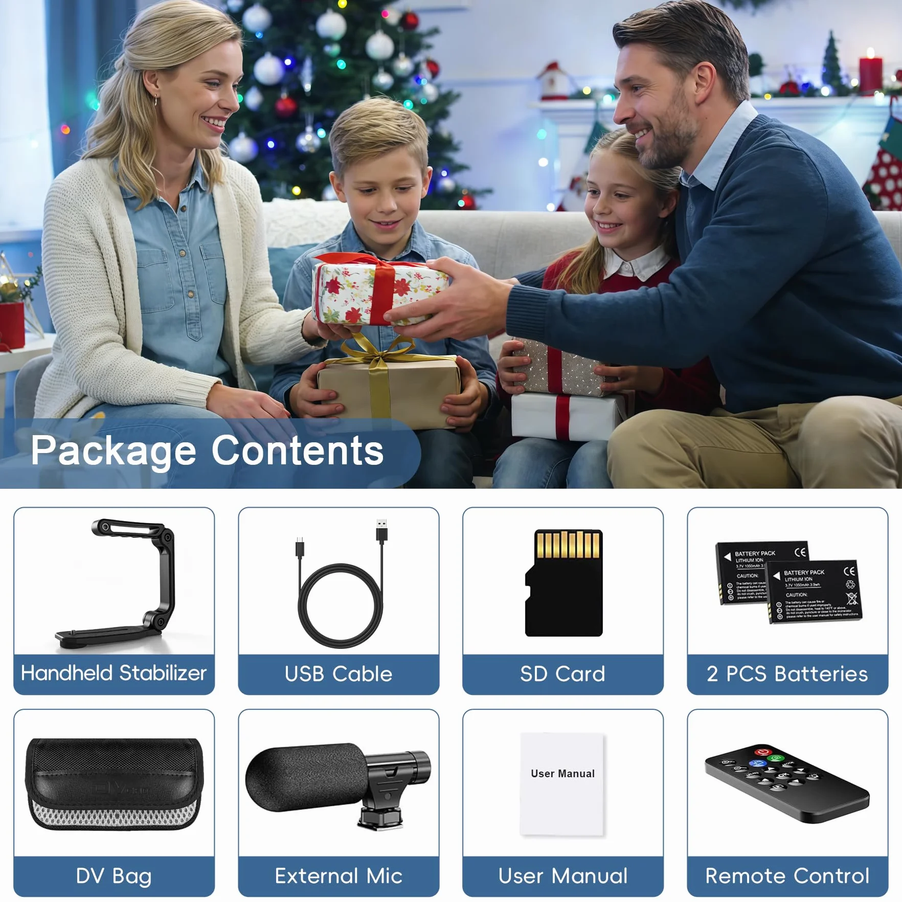 Caméra vidéo 4K 64MP 60FPS Caméscope numérique Vlogging avec stabilisateur, Microphone, Carte SD, 2 Piles, Télécommande