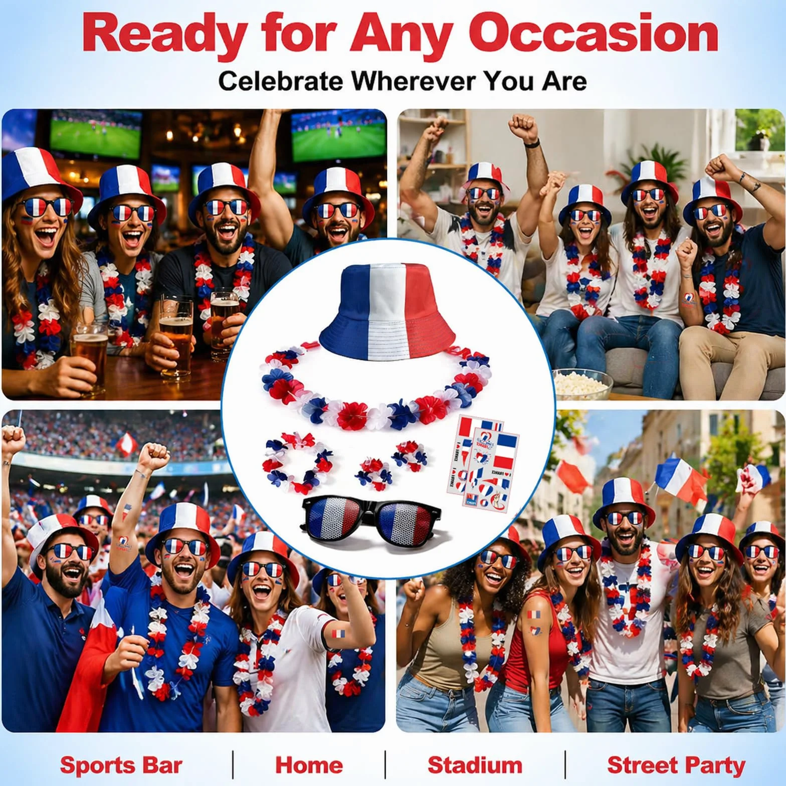 Ensemble Accessoires de Supporters France 11 Pièces avec Chapeau de Pêcheur