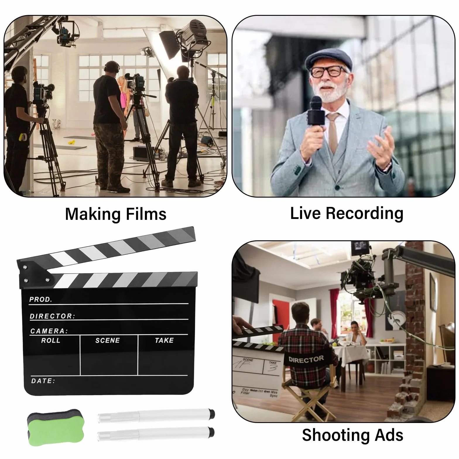 Filmregisseur Plaque de bardeaux : plastique acrylique Clapet de réalisateur avec gomme magnétique et stylos, Clapet acrylique facile à nettoyer pour les séries TV de films publicitaires (30 x