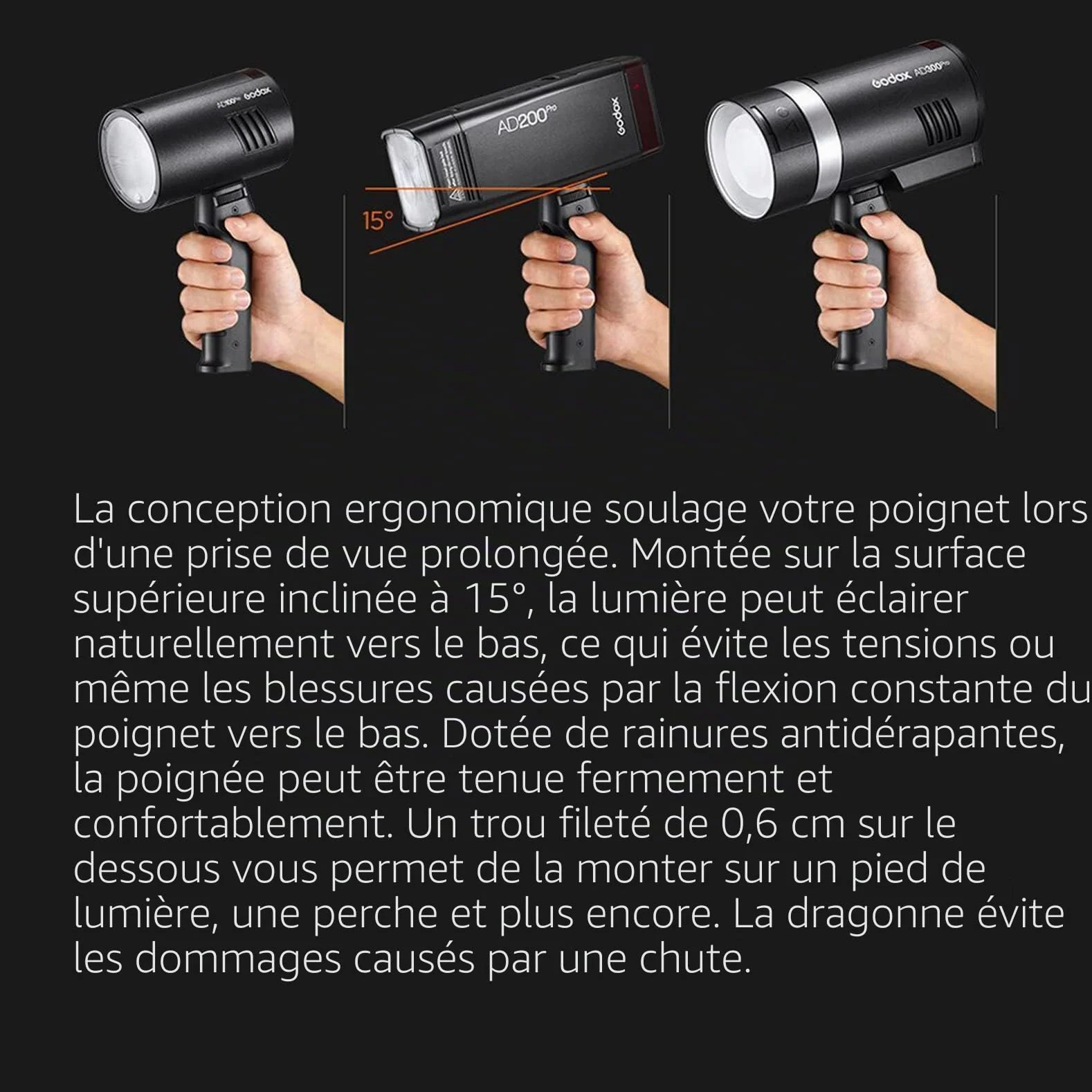 Godox FG-100 Poignée Flash, Poignée de Support de Flash Portable avec Stabilisateurs de Support Speedlite à Vis 1/4", Postuler à Godox AD200 Pro/AD300 Pro/AD300Pro II/AD100 Pro etc