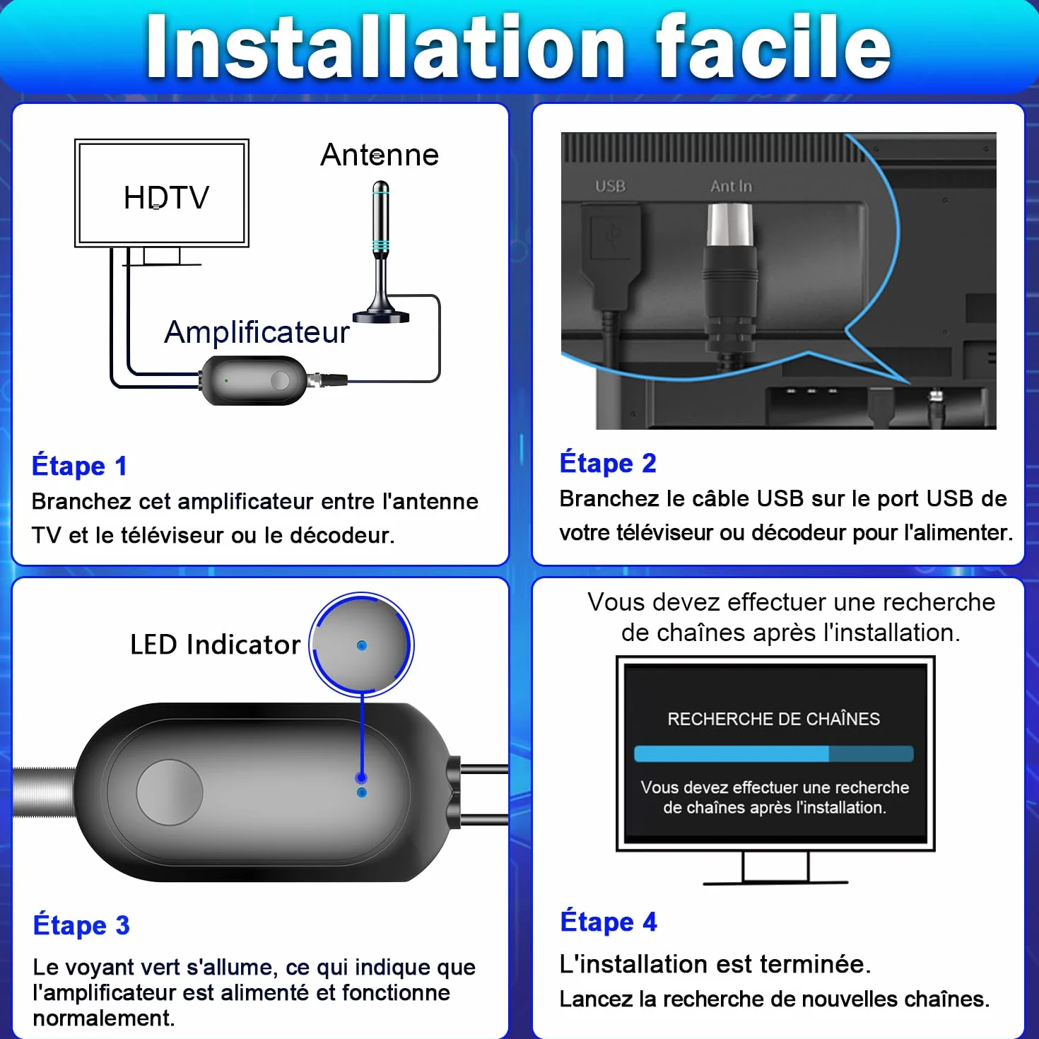 Amplificateur Antenne TV Booster Signal TNT DVB-T2 Compatible Télévision Numérique Full HD 4K UHD