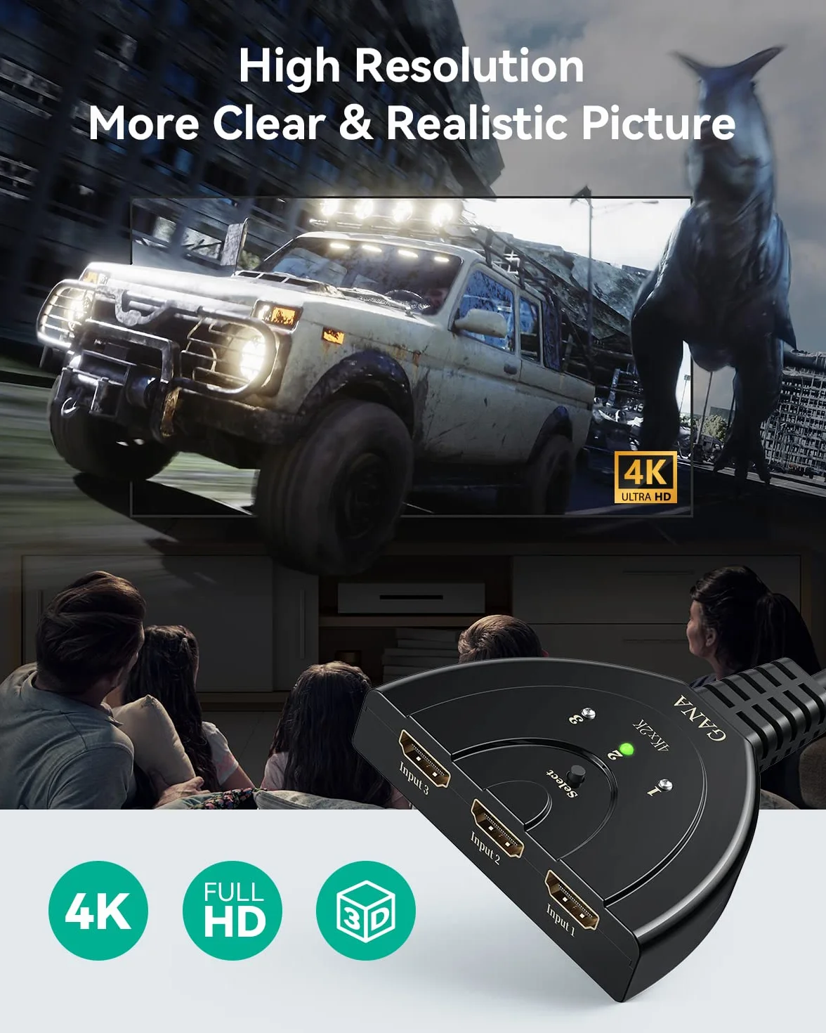 GANA Multiprise HDMI Switch 3 Entrée 1 Sortie Commutateur HDMI 4K avec Câble Haute Vitesse, Compatible avec TV, Roku, Fire TV Stick, Xbox, PS5, PS4, Blu-Ray, PC
