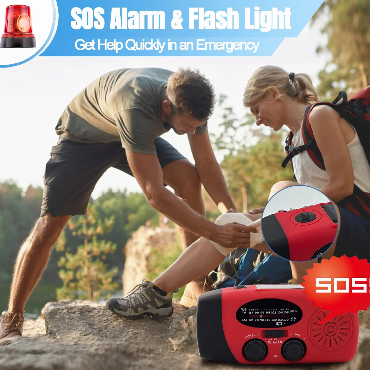 Radio Solaire Auto-alimentée 2000mAh AM/FM Portable d'Urgence à Manivelle Dynamo avec Lampe LED, Alarme SOS et Chargeur Téléphone