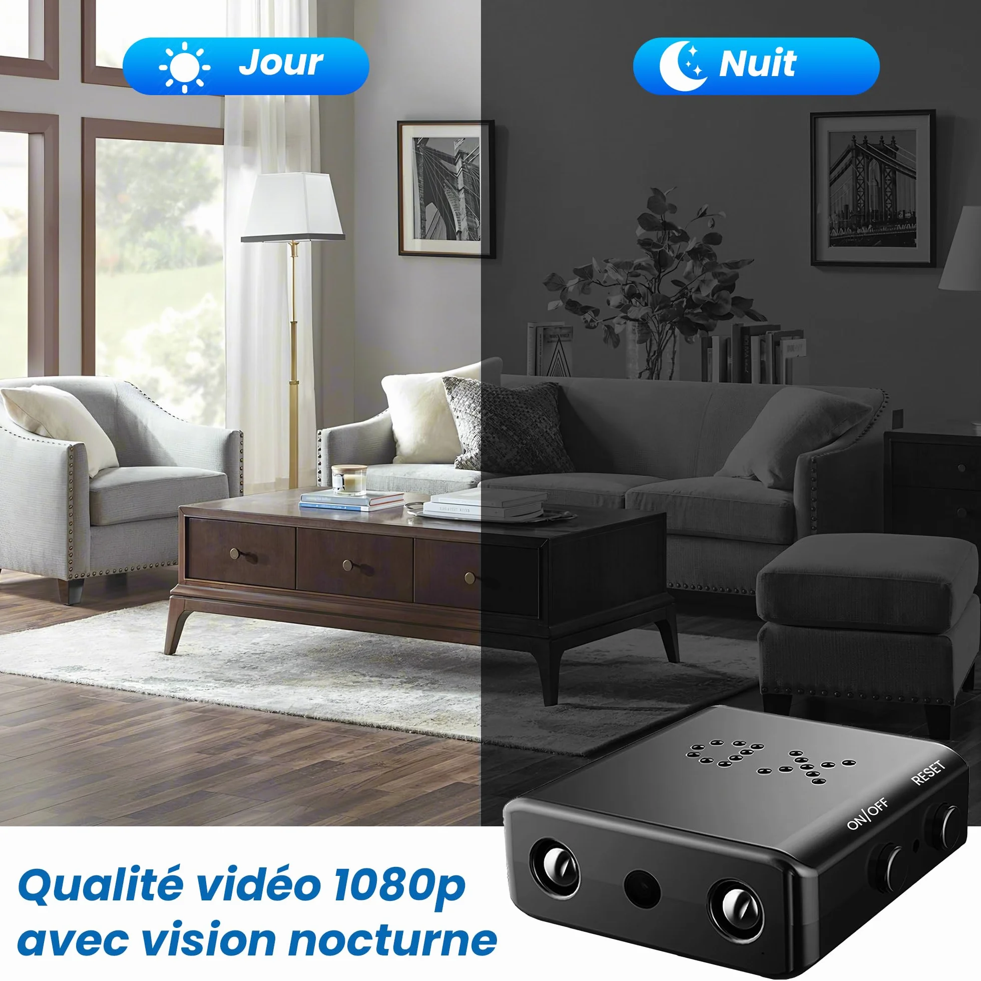 1080p Mini caméra de Surveillance intérieure/extérieure, avec détection de Mouvement et Vision Nocturne, Batterie intégrée (autonomie de 50 Minutes), Enregistrement continu, Facile à Utiliser