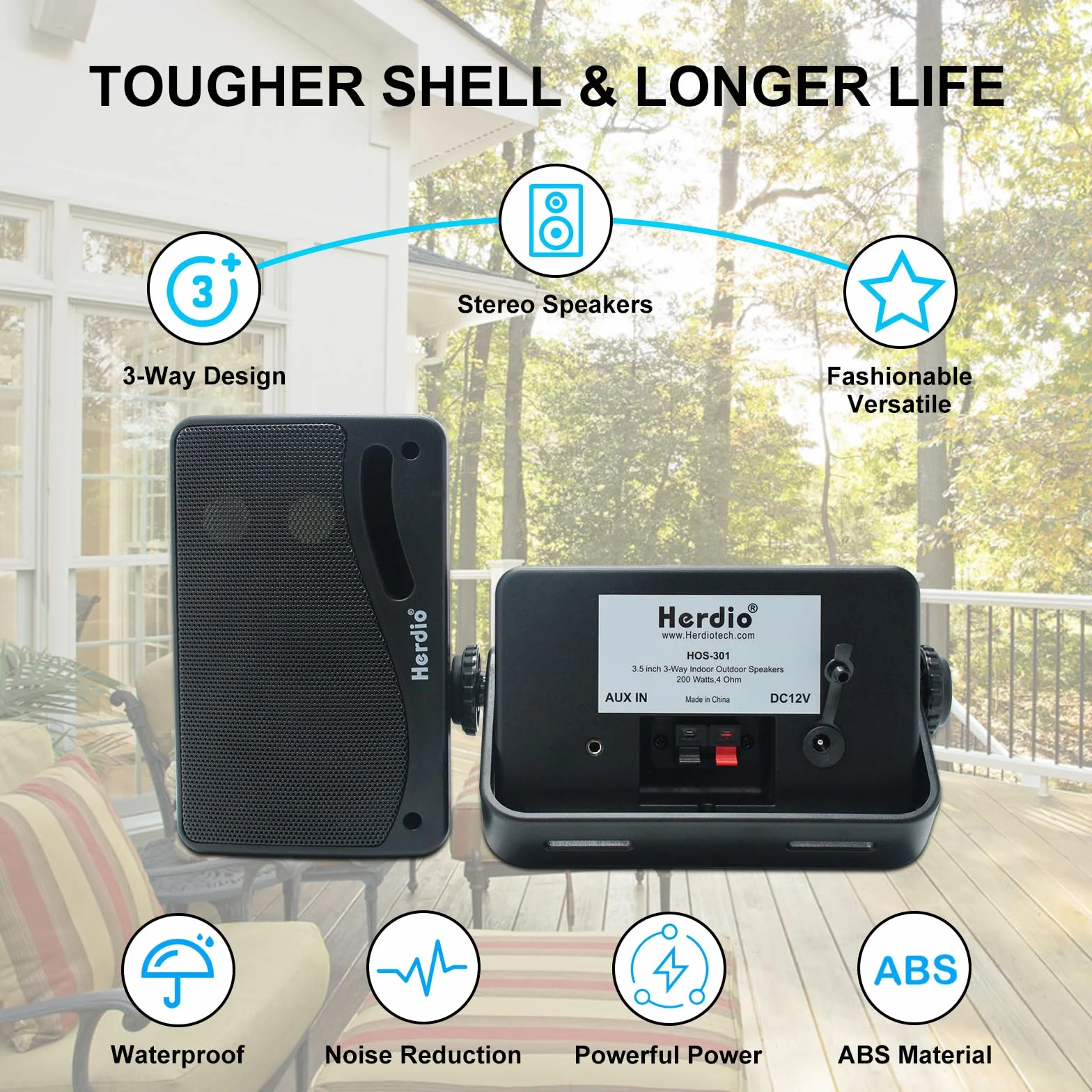 Herdio Lot de 2 Haut-parleurs Bluetooth de 3,5" - 3 Voies - 200 W - Étanche - Résistant aux intempéries - pour extérieur, intérieur, Patio, Jardin, terrasse, Camping, Bateau, terrasse, Restaurant -