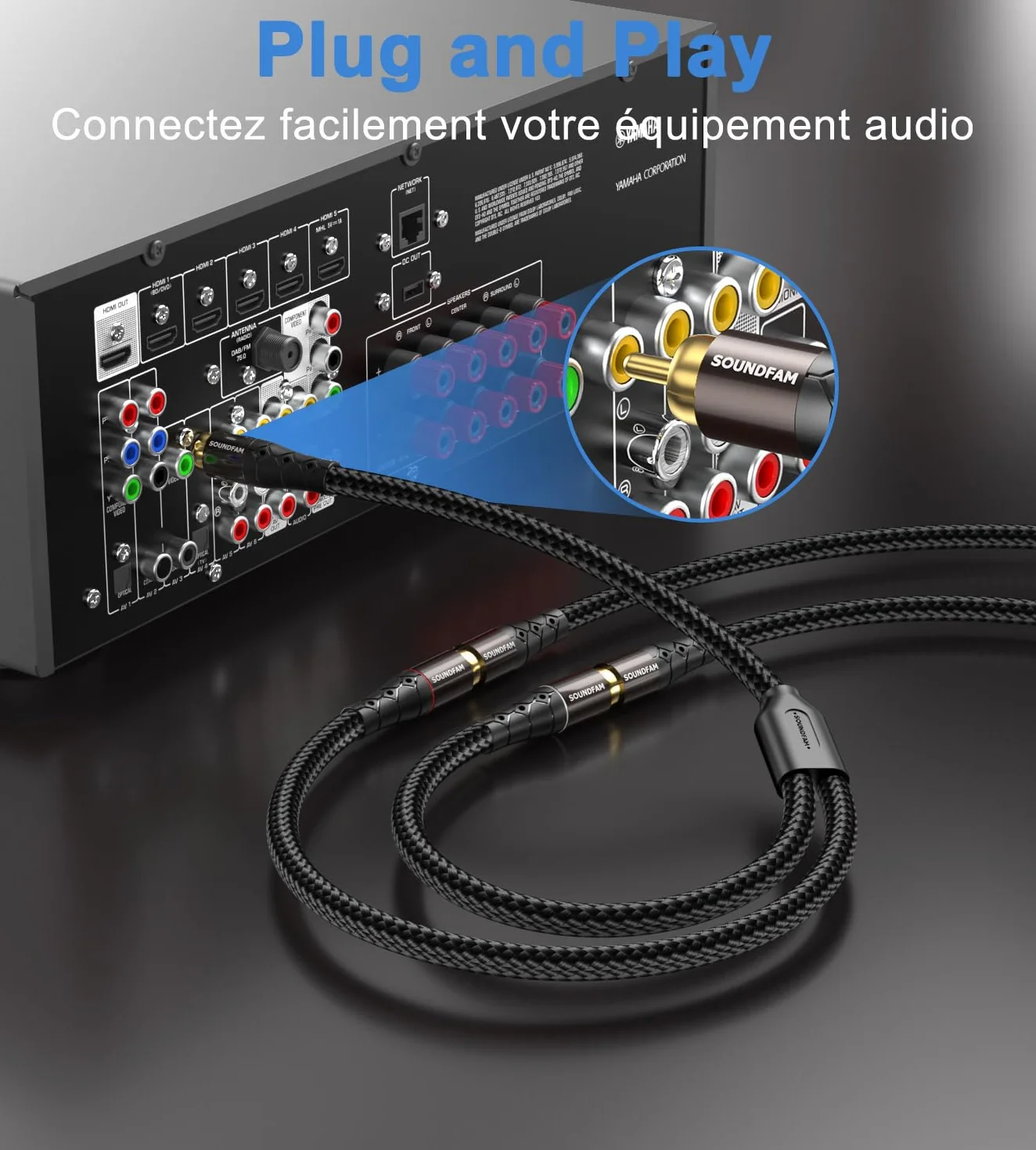 Répartiteur RCA Y Câble Répartiteur RCA/Phono SOUNDFAM 1 Mâle vers 2 Femelles Fiche Plaquée or Répartiteur Cinch​ Adaptateur Stéréo Y Pour Caisson de Basses, TV, Lecteur CD, Home Cinéma - Noir (30 cm)