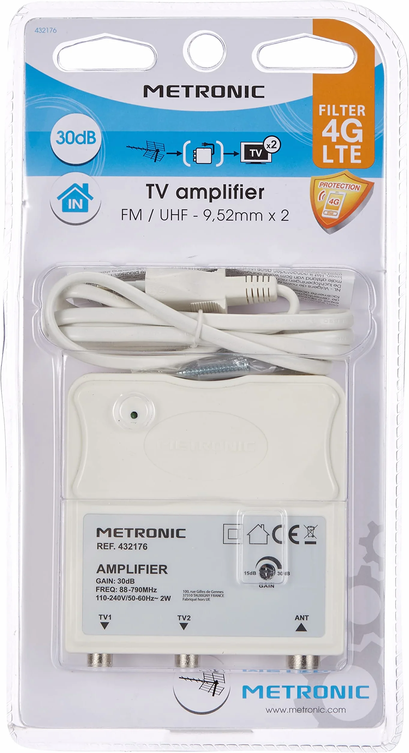 Metronic 432176 - Amplificateur intérieur avec réglage du gain FM-UHF, gain réglable jusqu'à 30 dB, protection 4G, prises TV, diamètre 9,52 mm, couleur : blanc