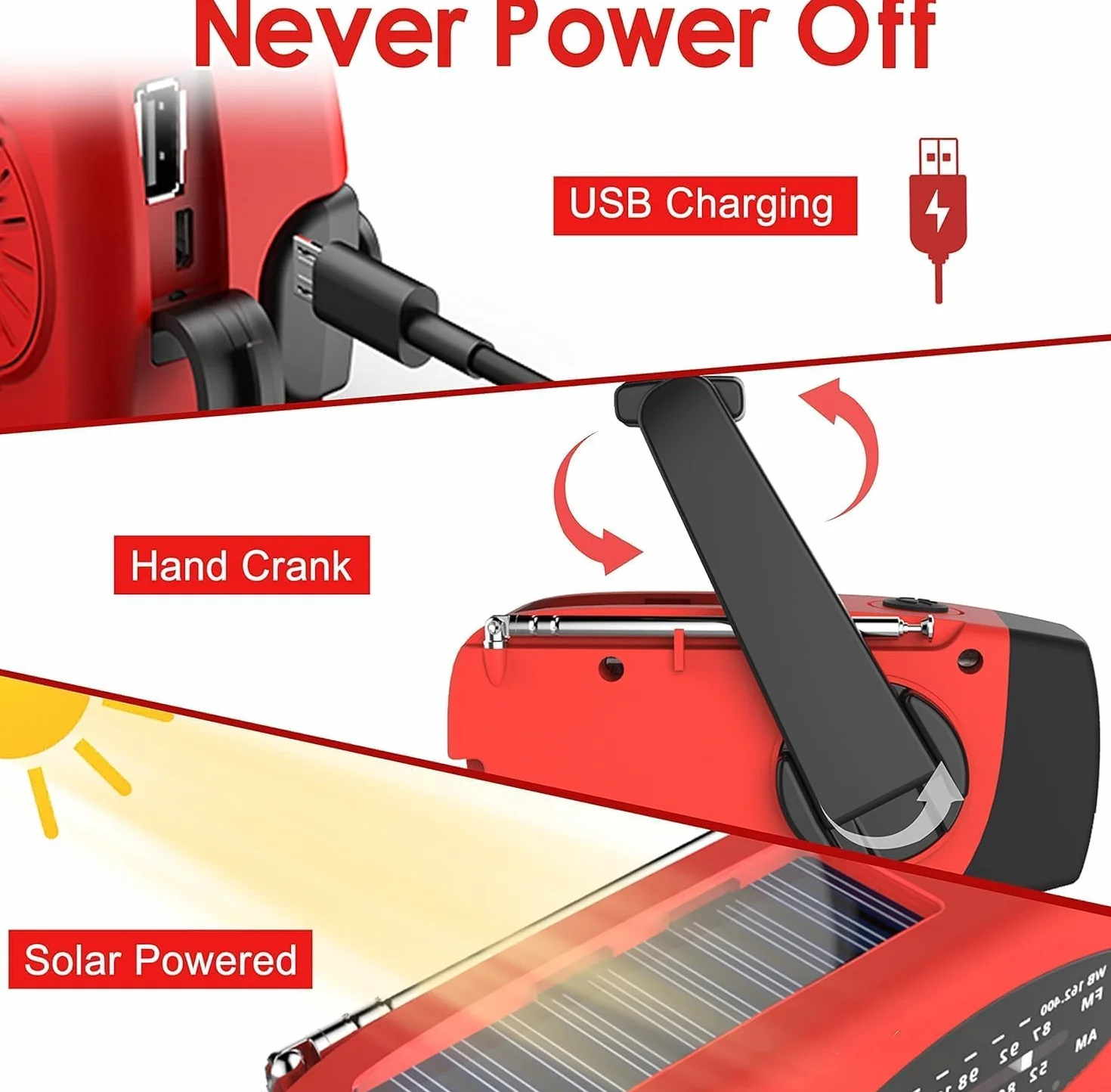 Radio Solaire Auto-alimentée 2000mAh AM/FM Portable à Manivelle Dynamo avec Lampe LED Alarme SOS Chargeur Téléphone Kit Survie Camping Rouge