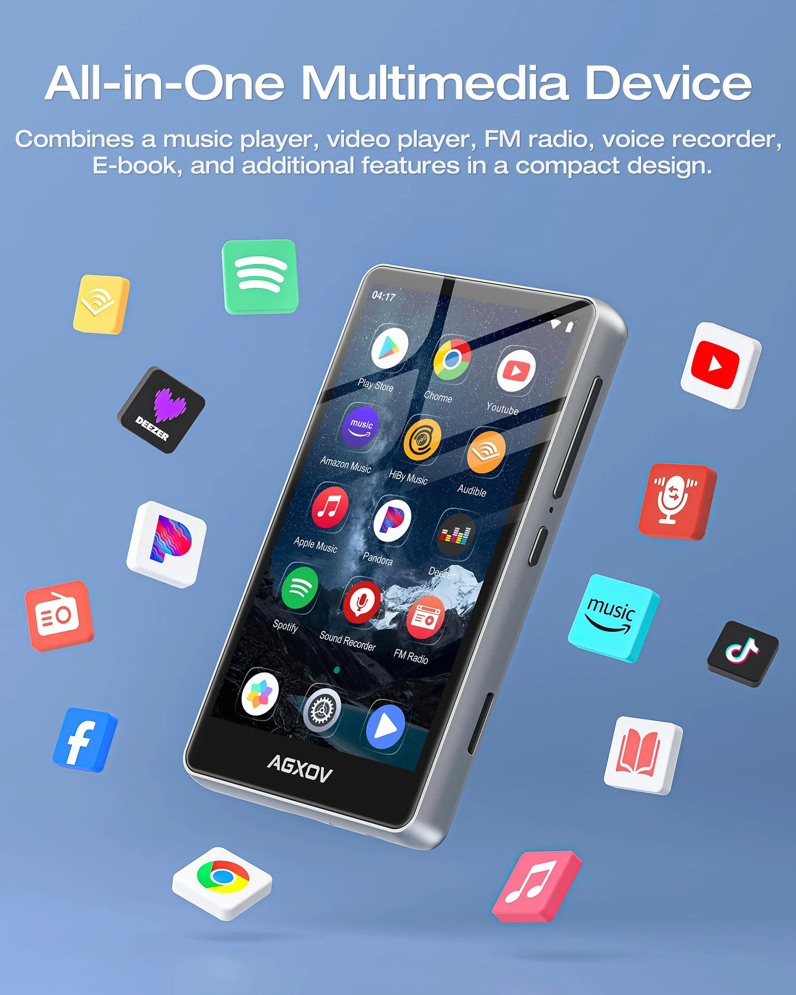 Lecteur MP3 Spotify Bluetooth Wi-Fi 144Go Écran Tactile 4,02 Pouces Radio FM Argent