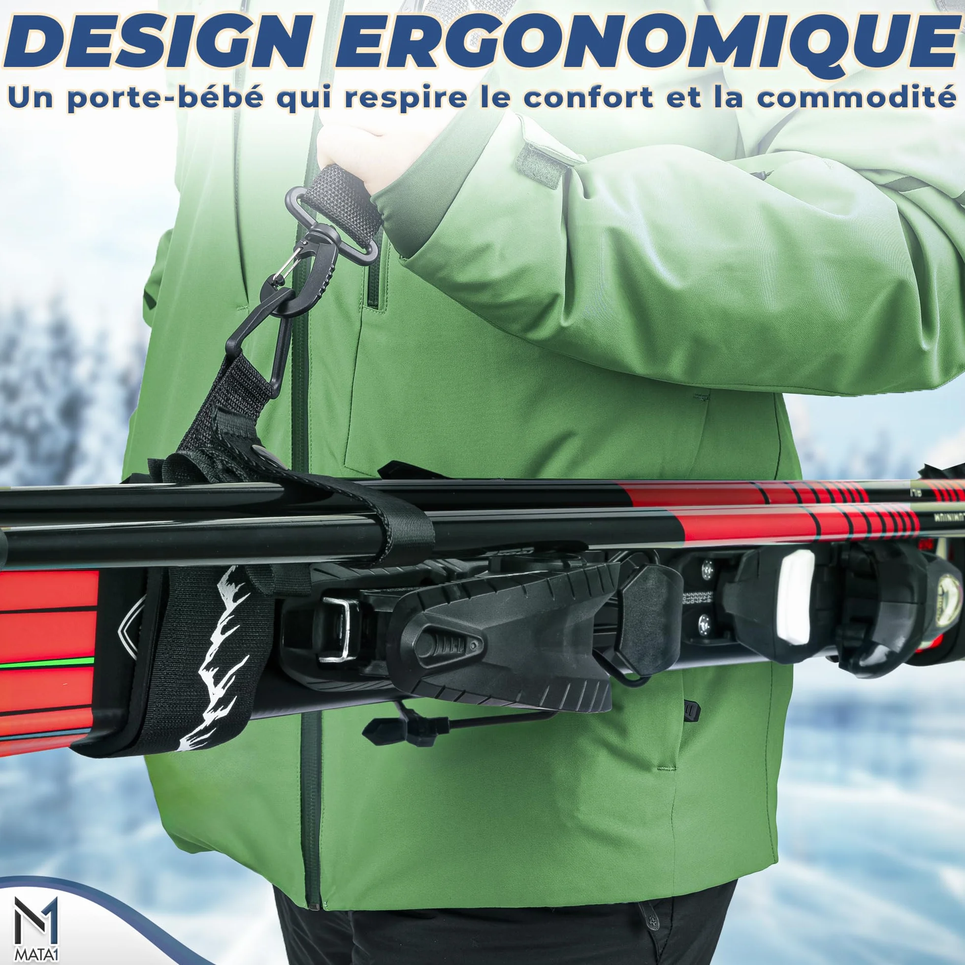Sangle de Ski Porte-bâtons Noir Bandoulière réglable Transport Skis Bâtons