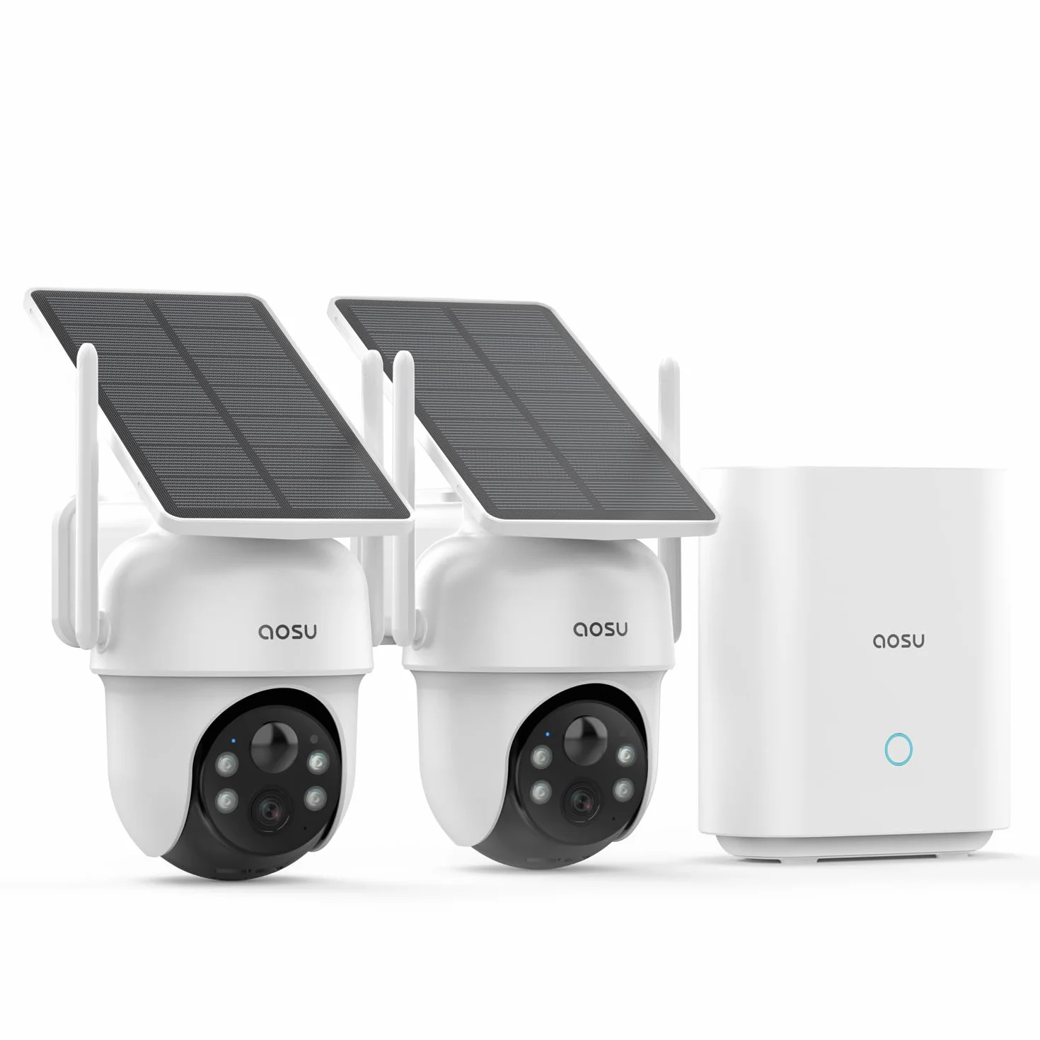 aosu 2K Camera Surveillance WiFi Exterieure sans Fil Solaire, Kit 2 Caméras + aosuBase, sans Abonnement Requis Stockage Local, 360° PTZ Suivi Automatique Détection Vision Nocturne Couleur, 5G/2.4GHz