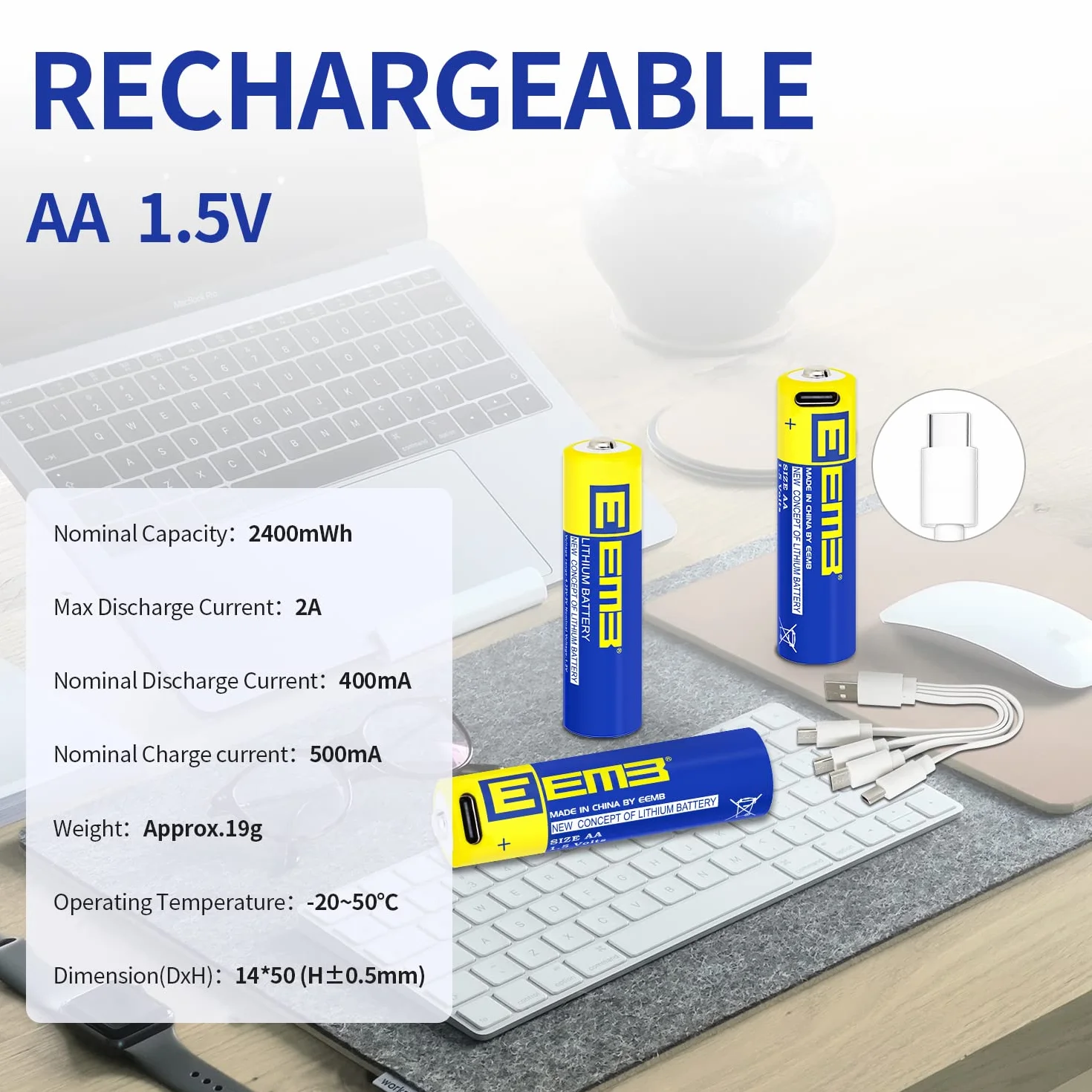 EEMB Piles AA Pack de 12 Piles AA Rechargeables Piles au Lithium AA USB Type C Câble de Recharge Batterie de Remplacement 1.5V 2600mWh pour Flash de Caméra Clignotant
