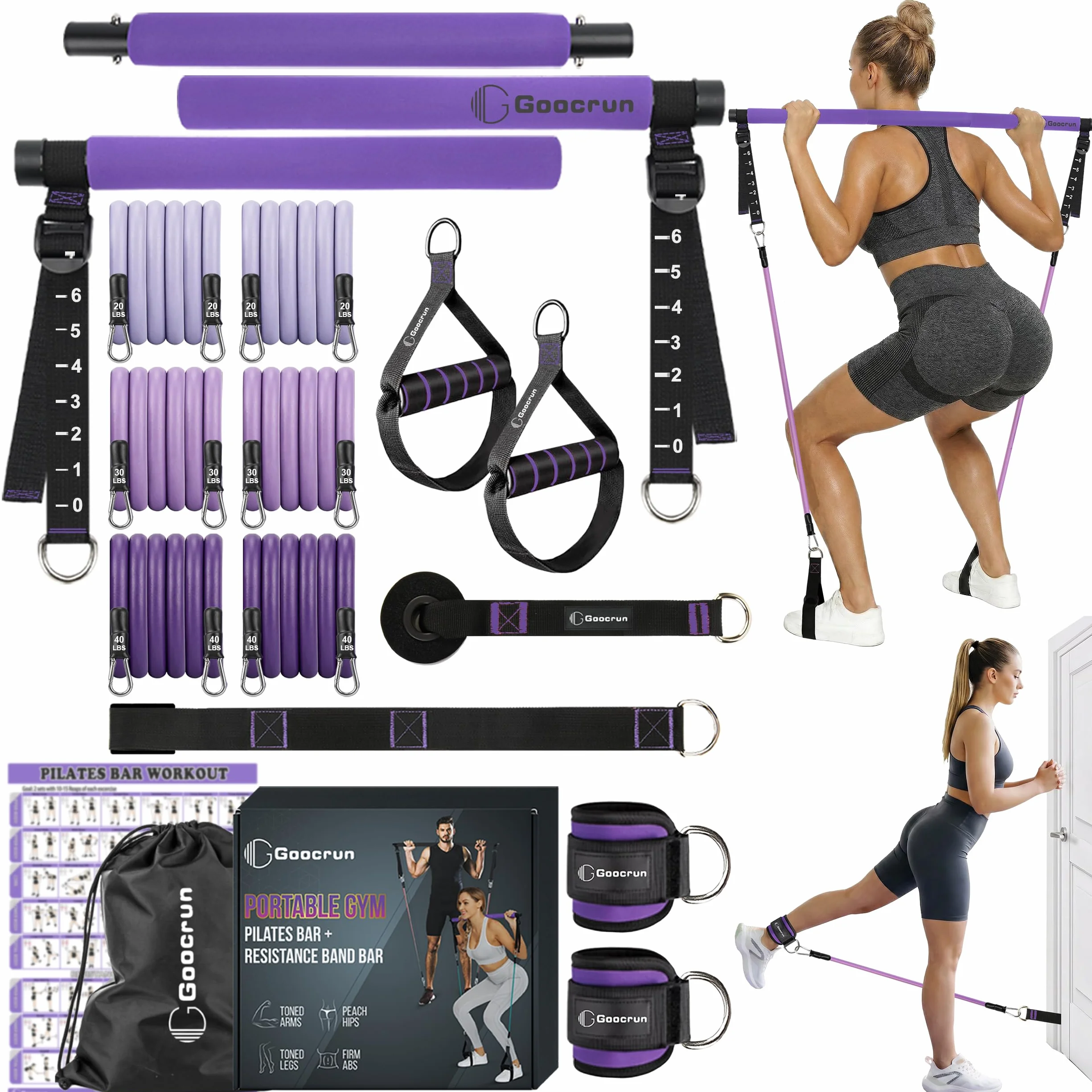 Ensemble de Barres de Pilates et Bandes de Résistance avec Poignées, Salle de Sport Portable à Domicile