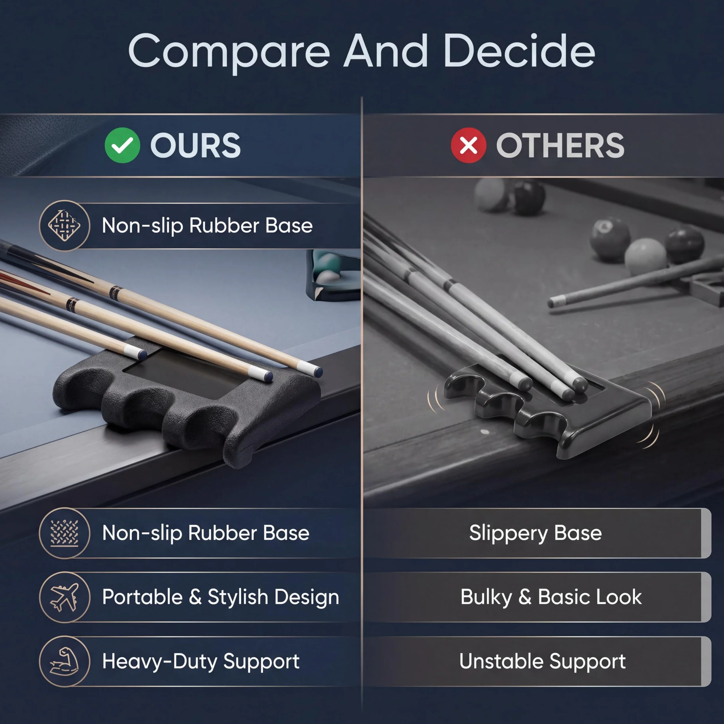 Porte-Queue de Billard 3 Trous, Support Stable Antidérapant Portable