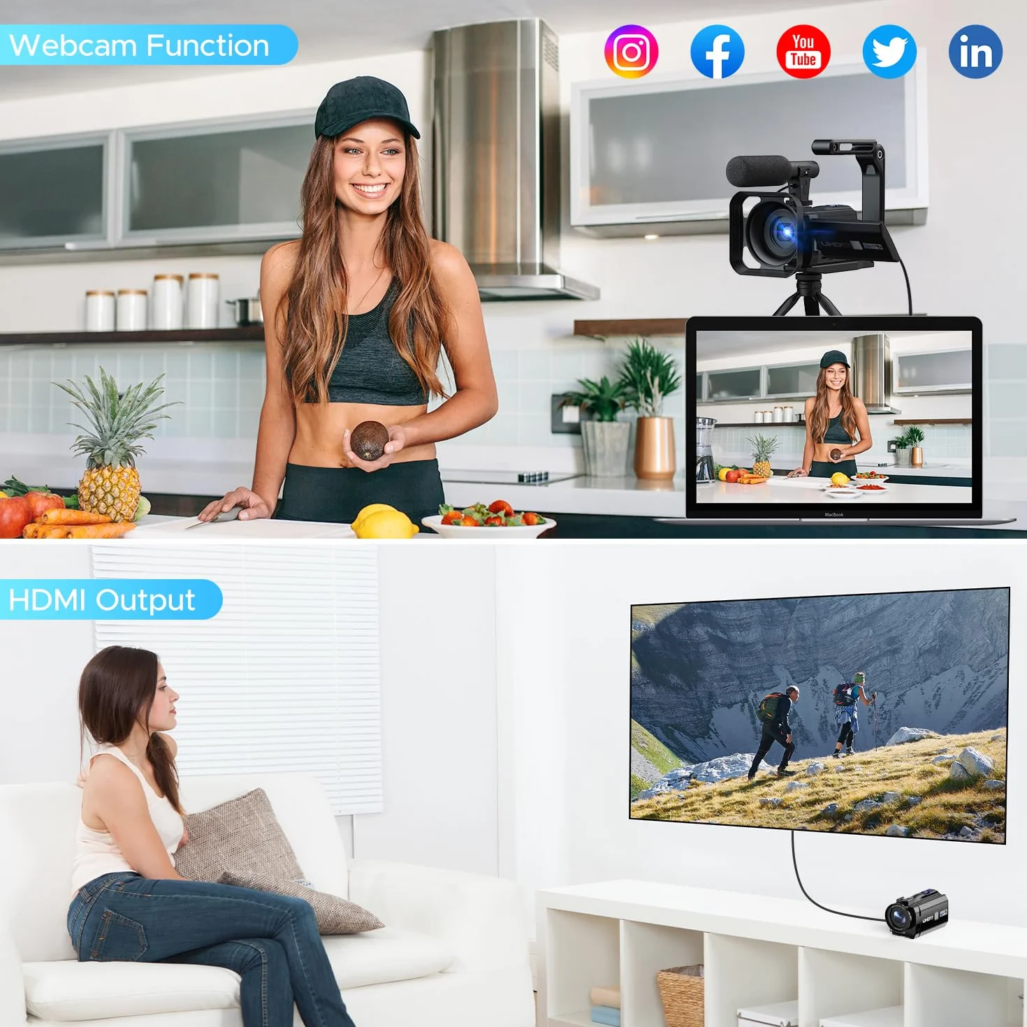 Caméra vidéo 5K 56MP Caméscope Double Objectif, WiFi 16X Youtube Vlog Caméra, 3" Rotatif à 270° Vision Nocturne Video Camera avec 2 Piles,Carte 64 Go,Microphone,trépied