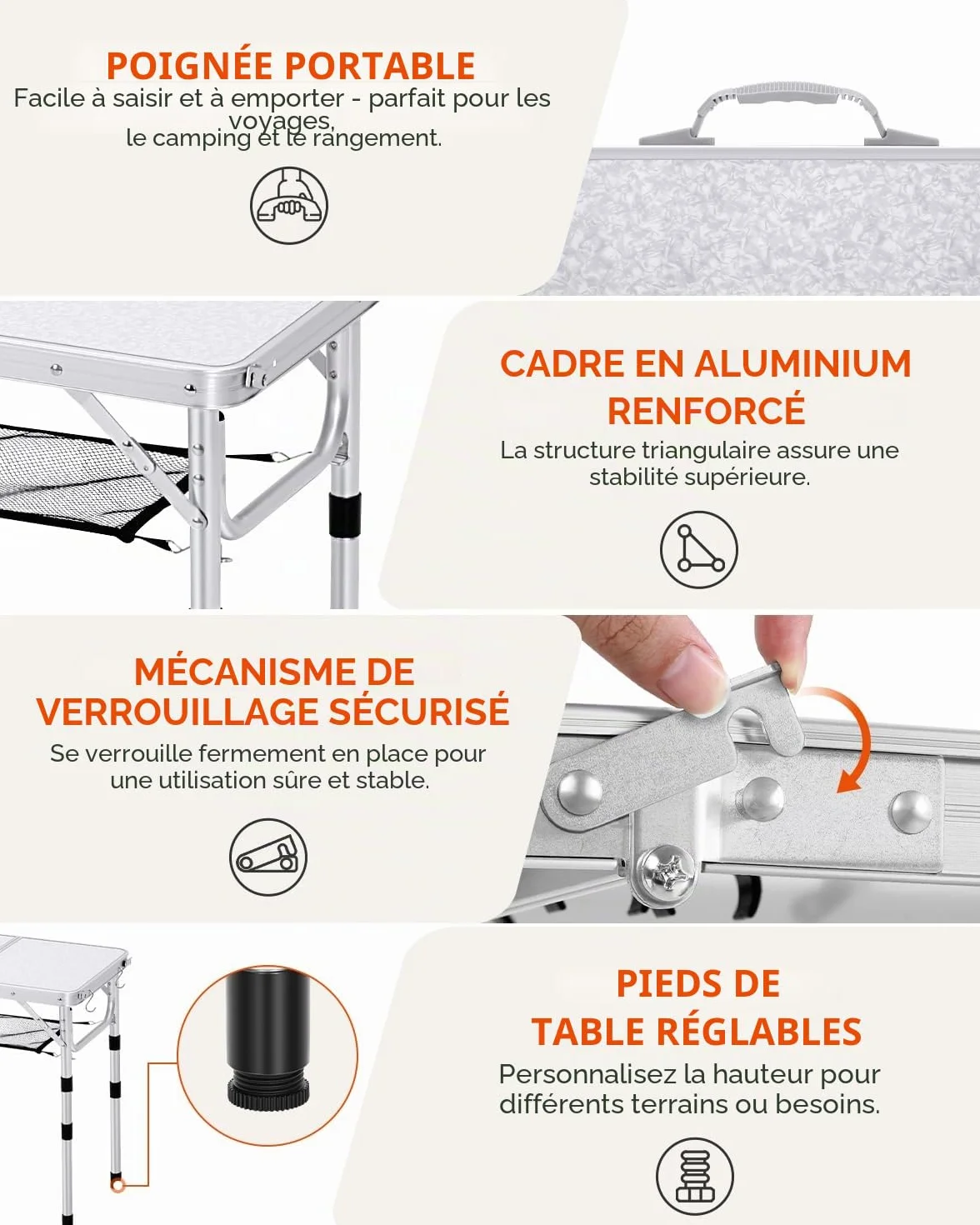 Table de Camping Pliante Sportneer 4 Hauteurs Réglables 60×40 cm Aluminium
