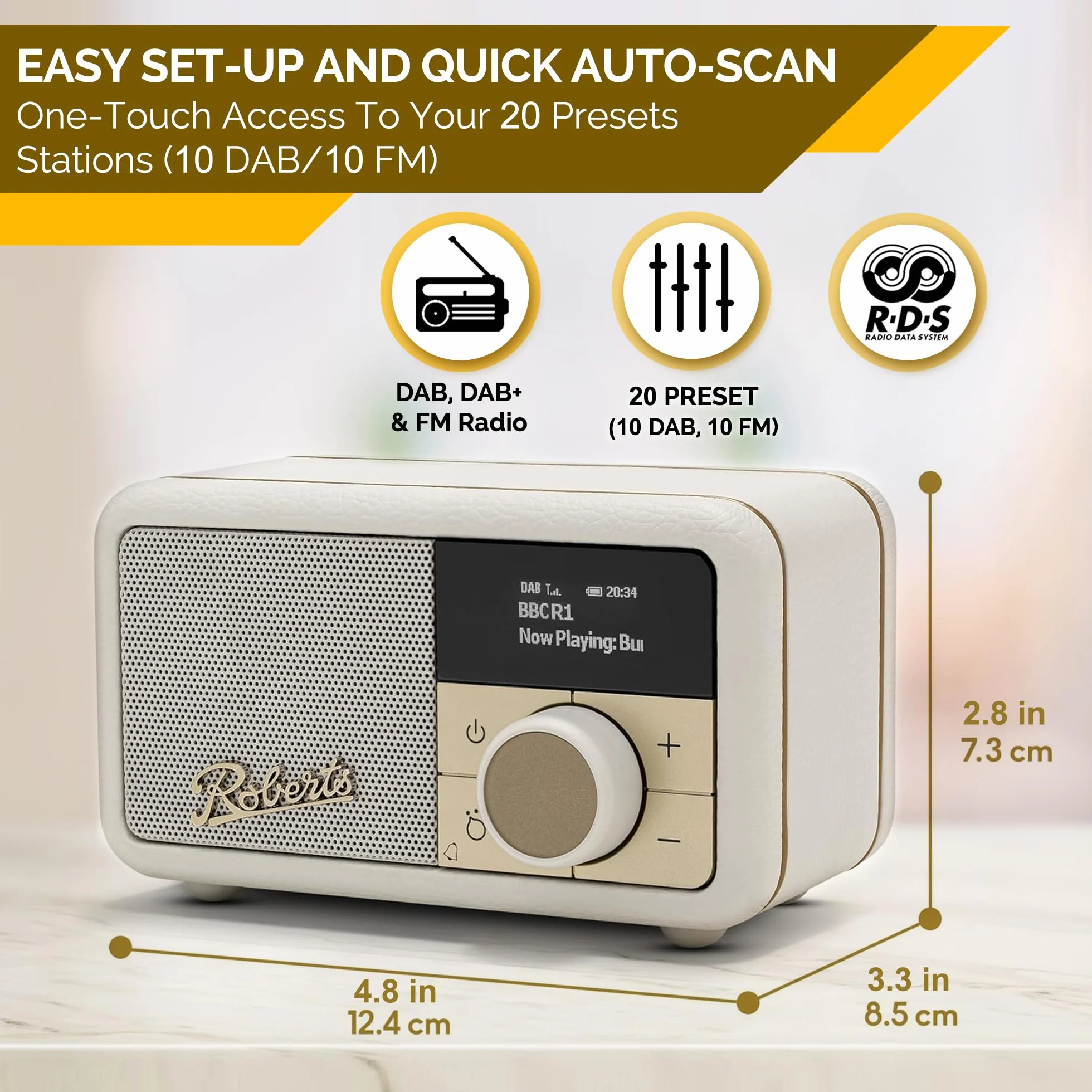 Roberts Revival PETITE2 Radio numérique FM/Dab/Dab+ avec Bluetooth, crème Pastel